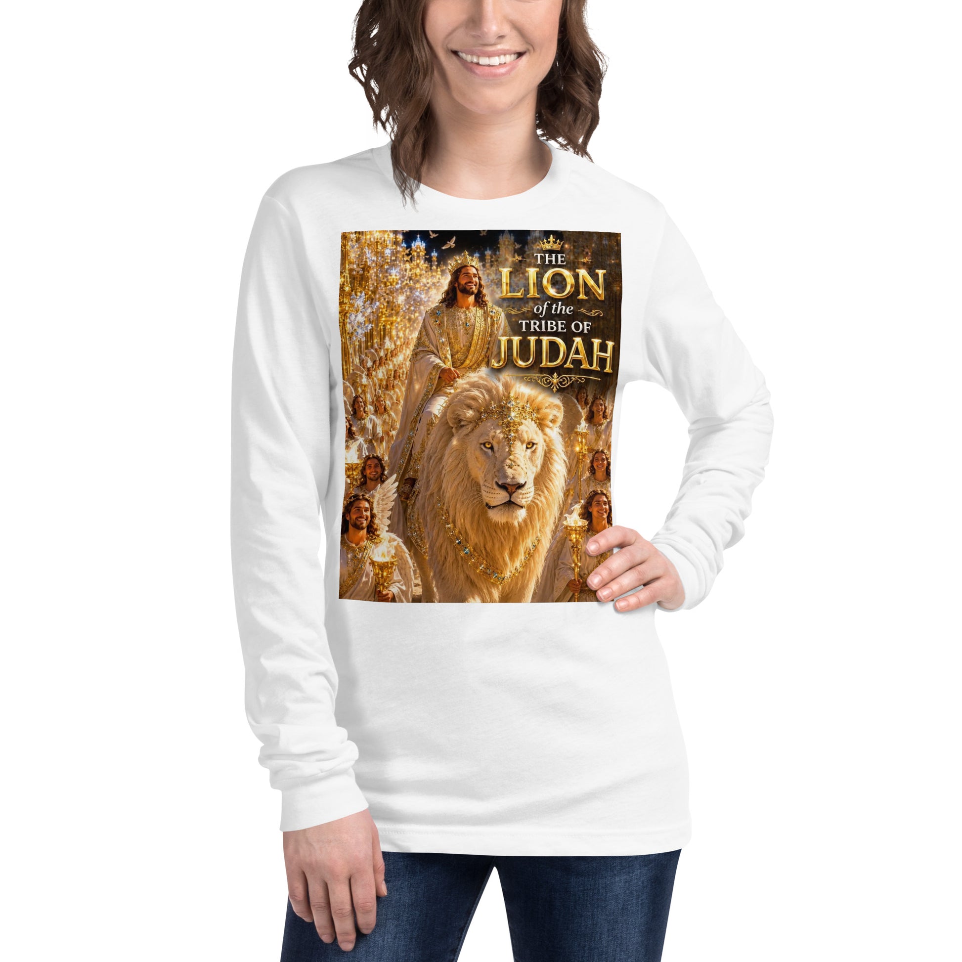 T-shirt unisex a maniche lunghe bianca della CORPORATION-86, vista frontale, in cotone morbido e comodo.