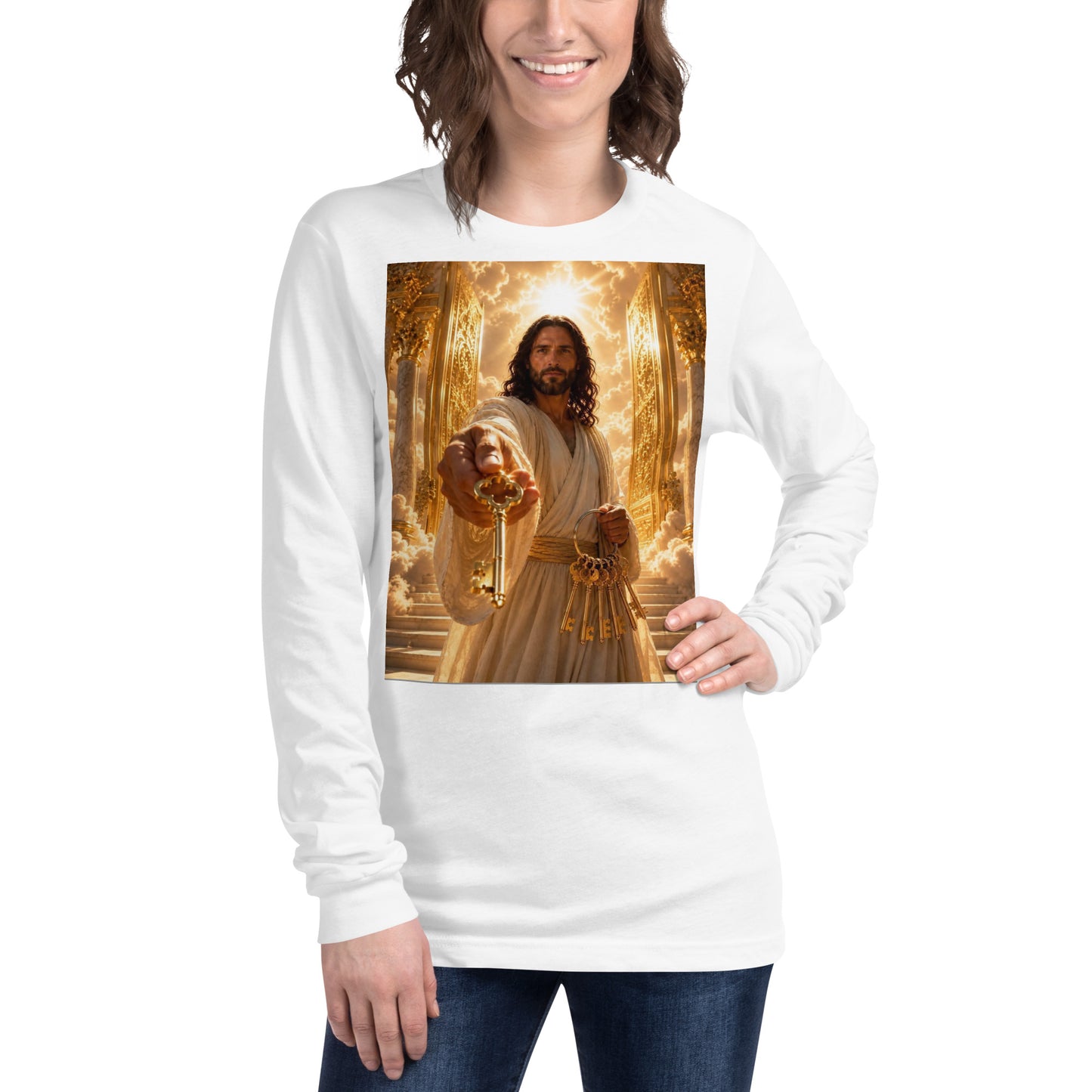 T-shirt unisex a maniche lunghe bianca di CORPORATION-86, vista frontale, morbido cotone con design semplice.