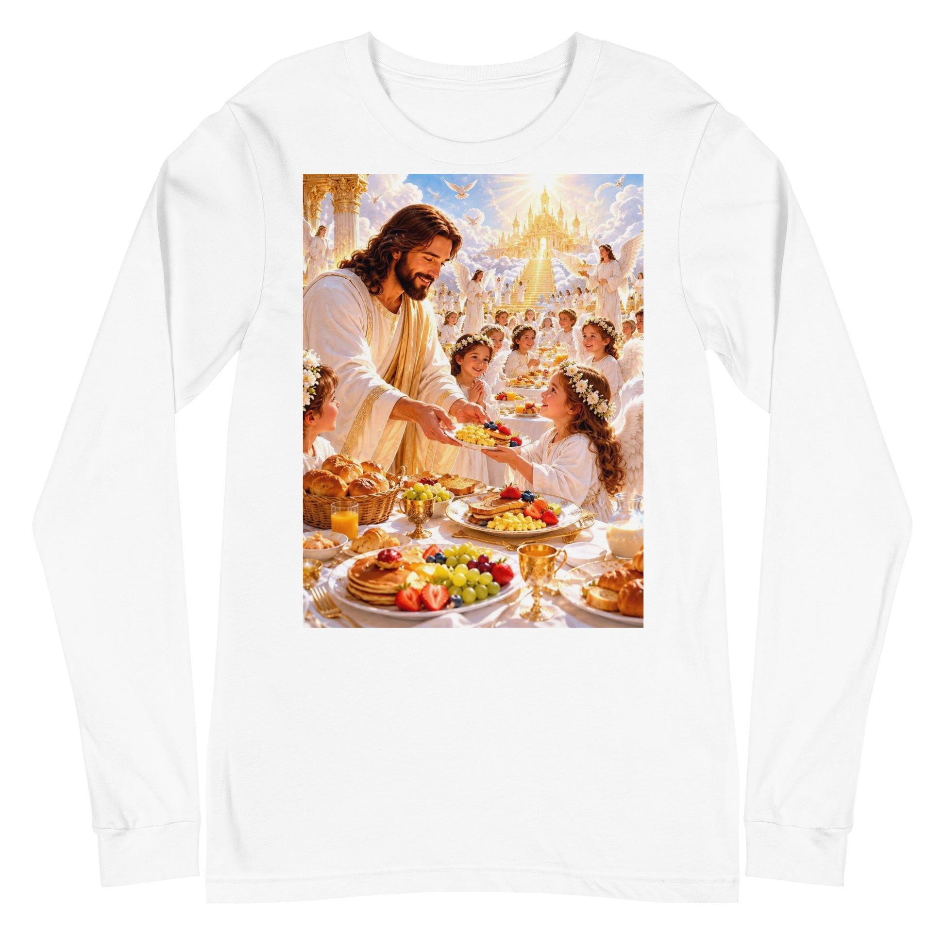 T-shirt unisex a maniche lunghe bianco CORPORATION-86, vista frontale, tessuto morbido e comodo.