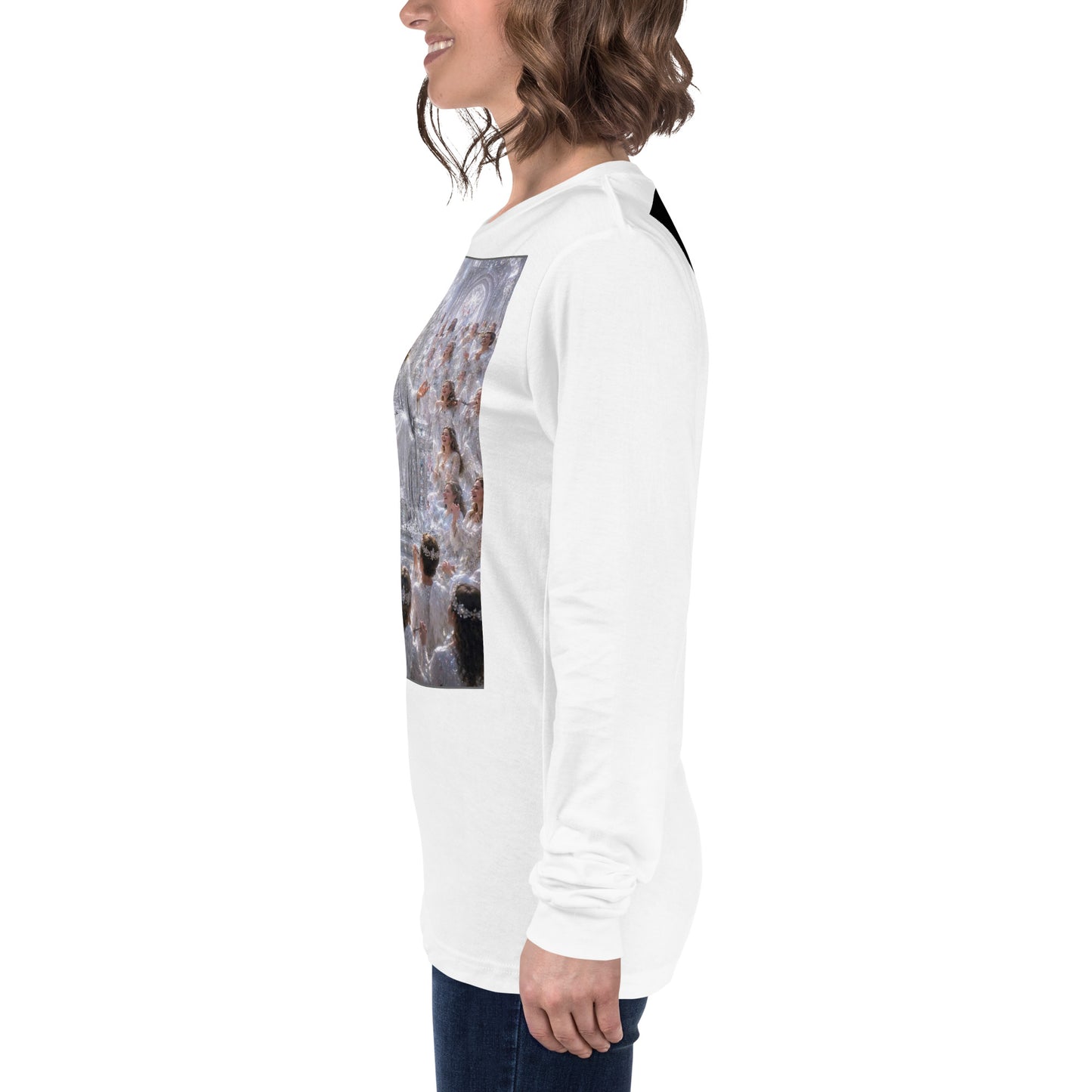T-shirt unisex a maniche lunghe bianca di CORPORATION-86, vista frontale con collo rotondo e design semplice.