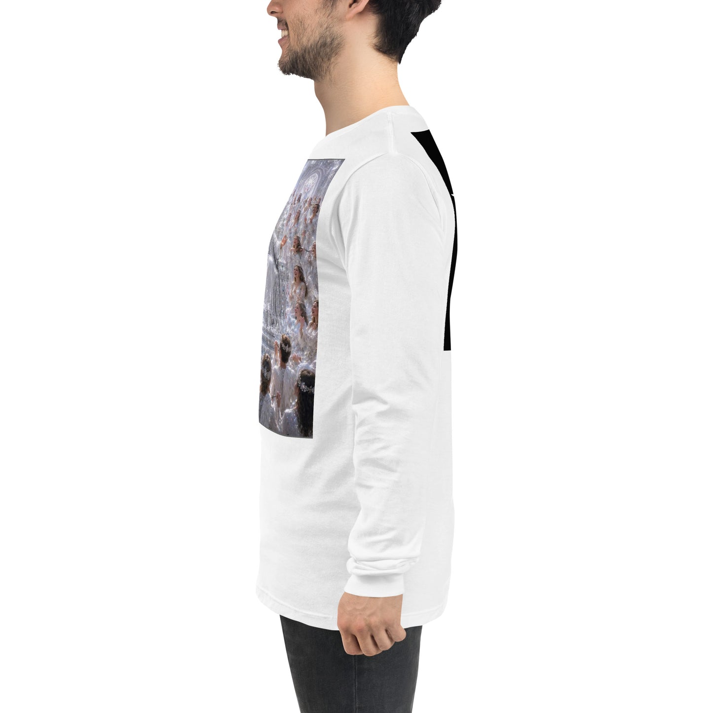 Maglietta unisex a maniche lunghe CORPORATION-86 di colore bianco, vista frontale sulla sinistra