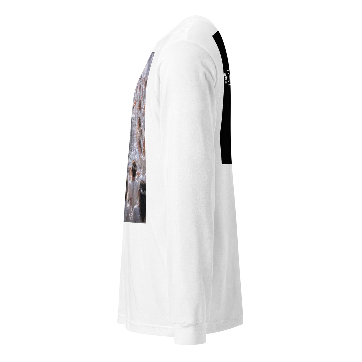 Maglietta unisex a maniche lunghe CORPORATION-86 bianca, vista frontale con collo rotondo e vestibilità comoda.