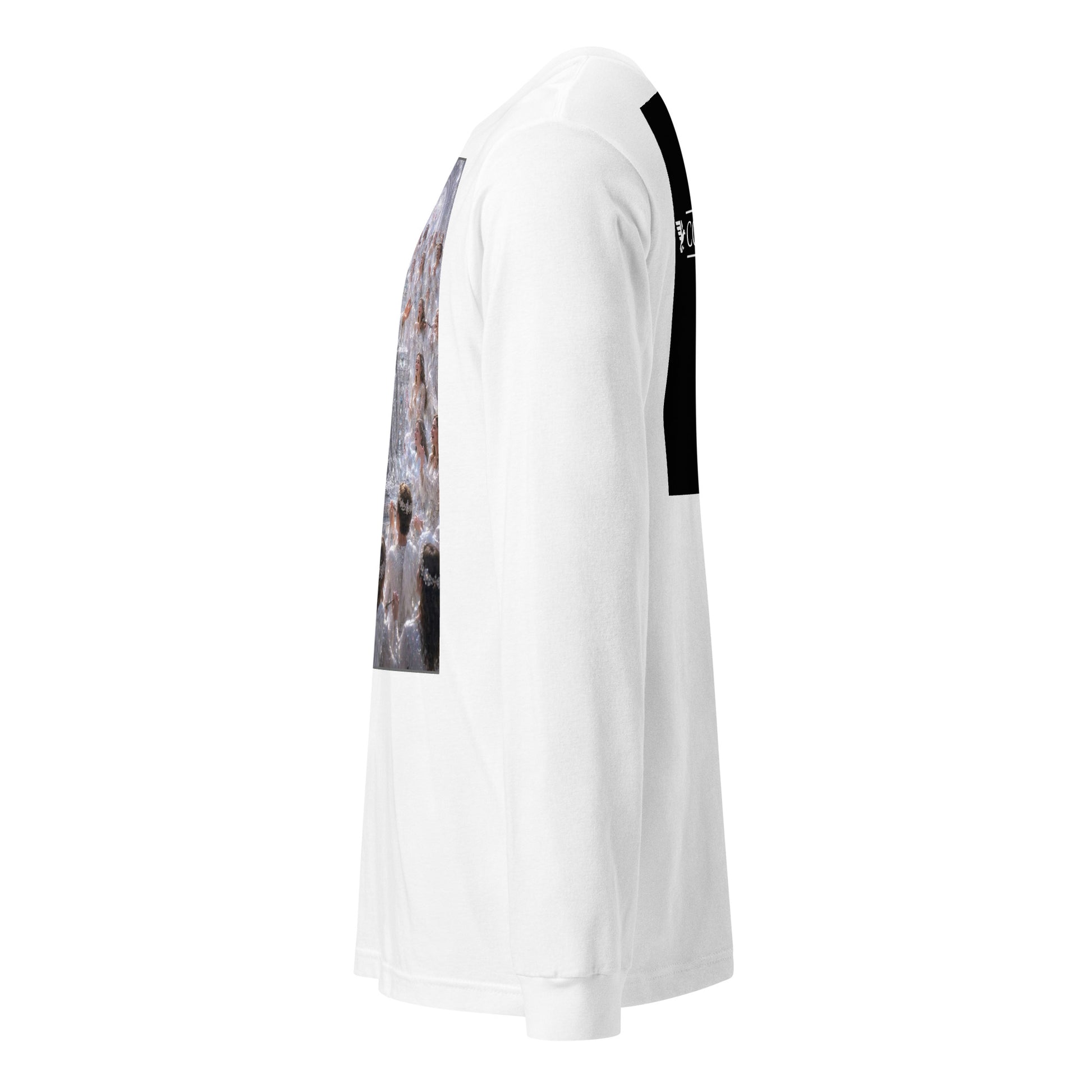 Maglietta unisex a maniche lunghe CORPORATION-86 bianca, vista frontale con collo rotondo e vestibilità comoda.