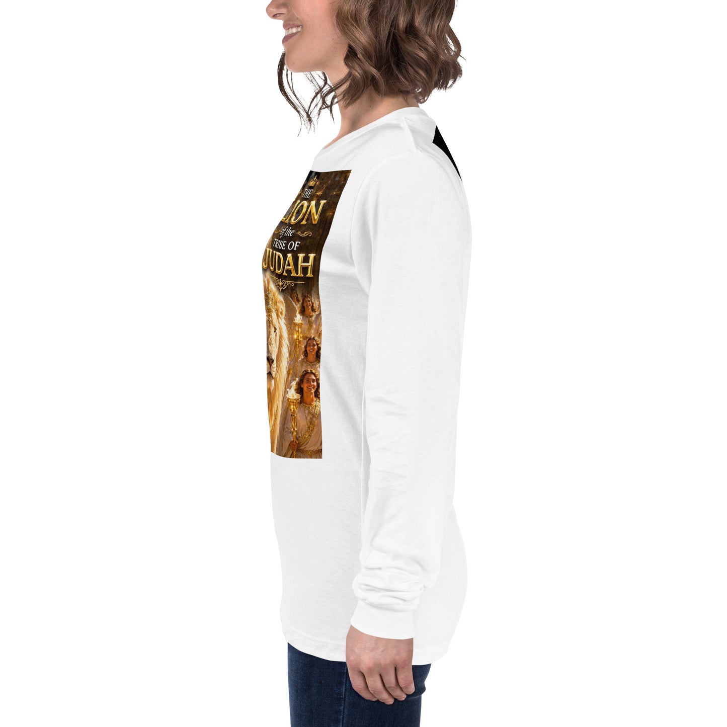 Maglietta unisex a maniche lunghe CORPORATION-86 bianca, vista frontale con dettaglio sul lato sinistro.