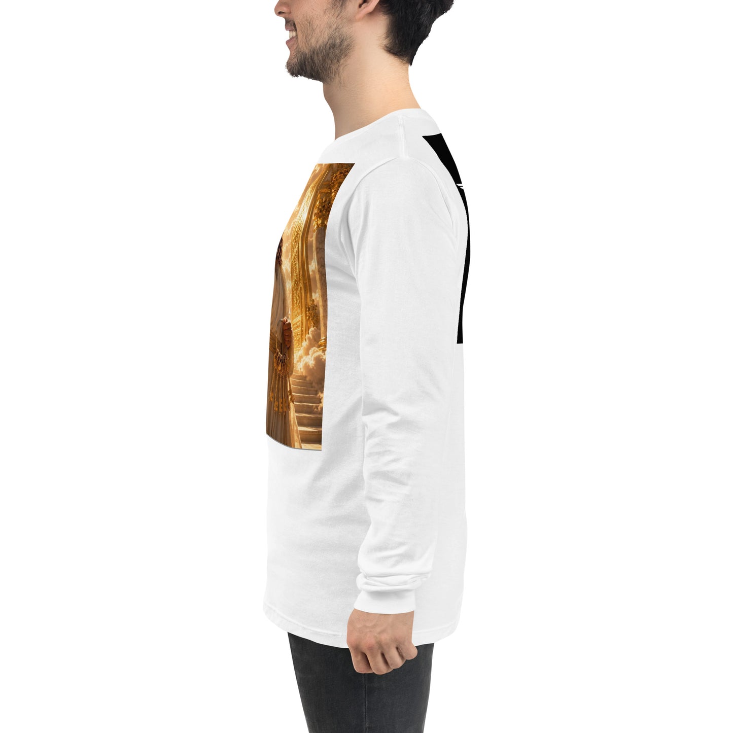 T-shirt unisex a maniche lunghe bianco di CORPORATION-86, vista frontale con dettaglio sul lato sinistro.