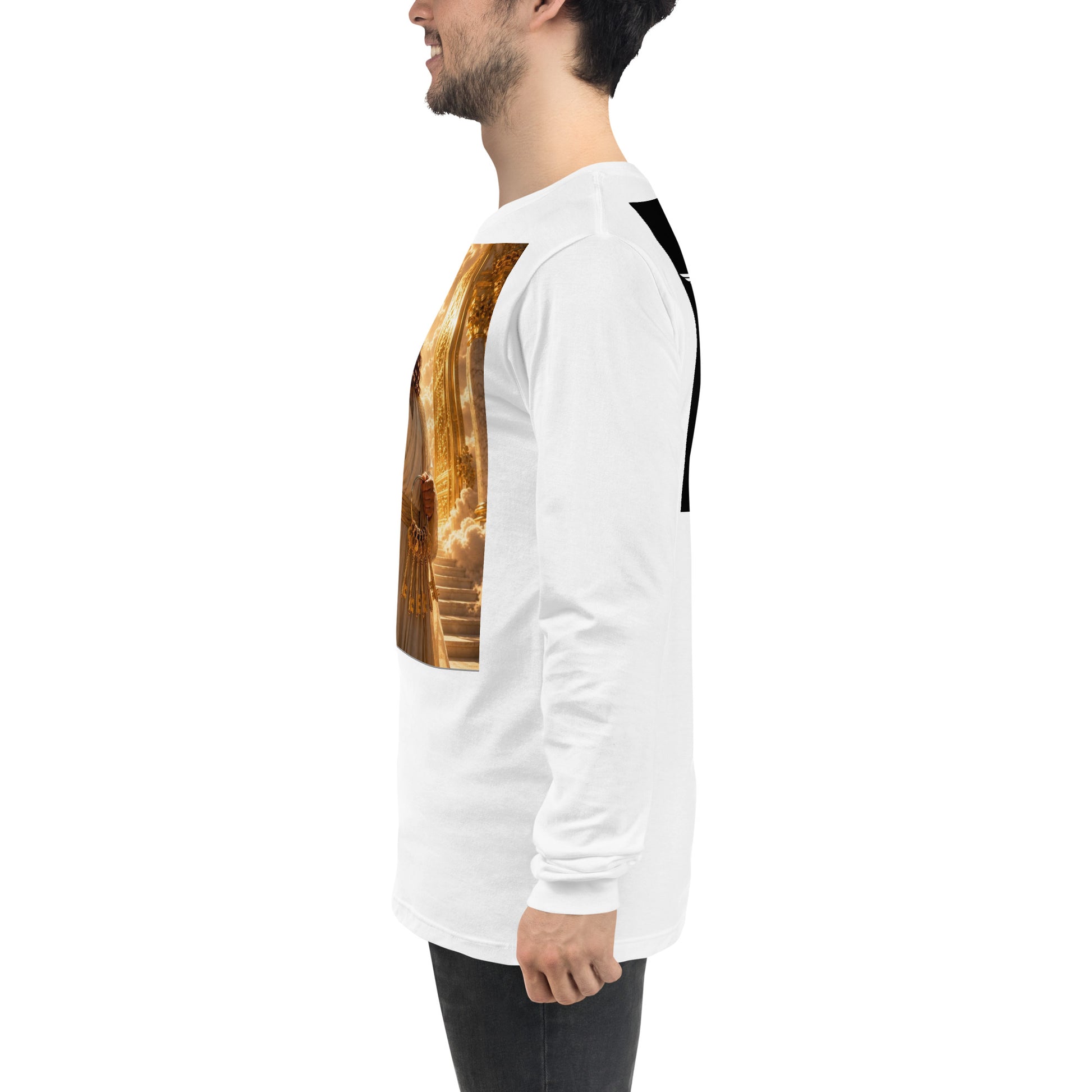 T-shirt unisex a maniche lunghe bianco di CORPORATION-86, vista frontale con dettaglio sul lato sinistro.