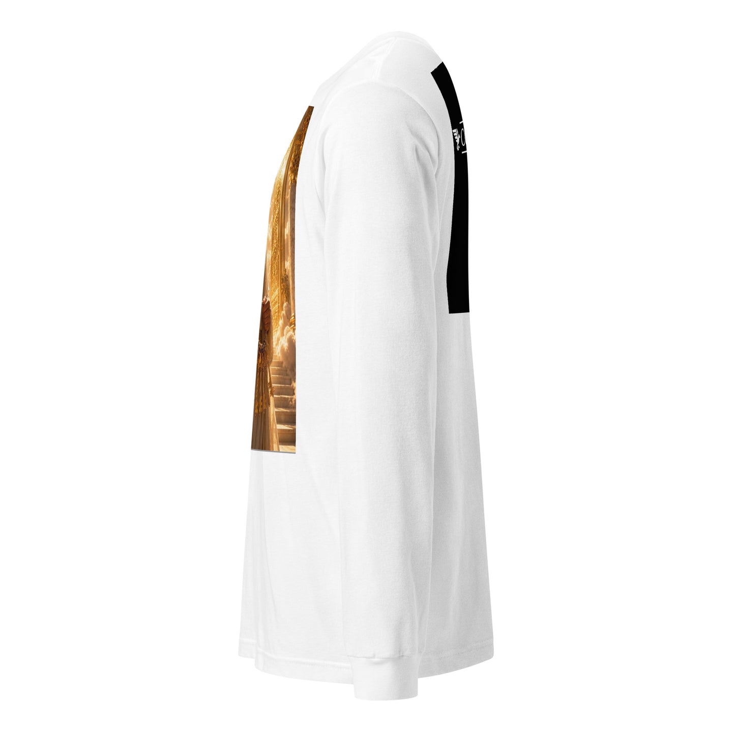 Maglietta unisex a maniche lunghe CORPORATION-86 bianca, vista frontale con dettaglio sul lato sinistro.