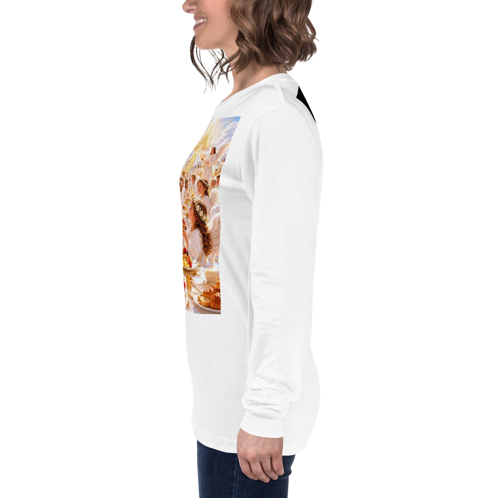 Maglietta unisex a maniche lunghe CORPORATION-86 bianca, vista frontale, tessuto morbido e comodo, dettagli del design.