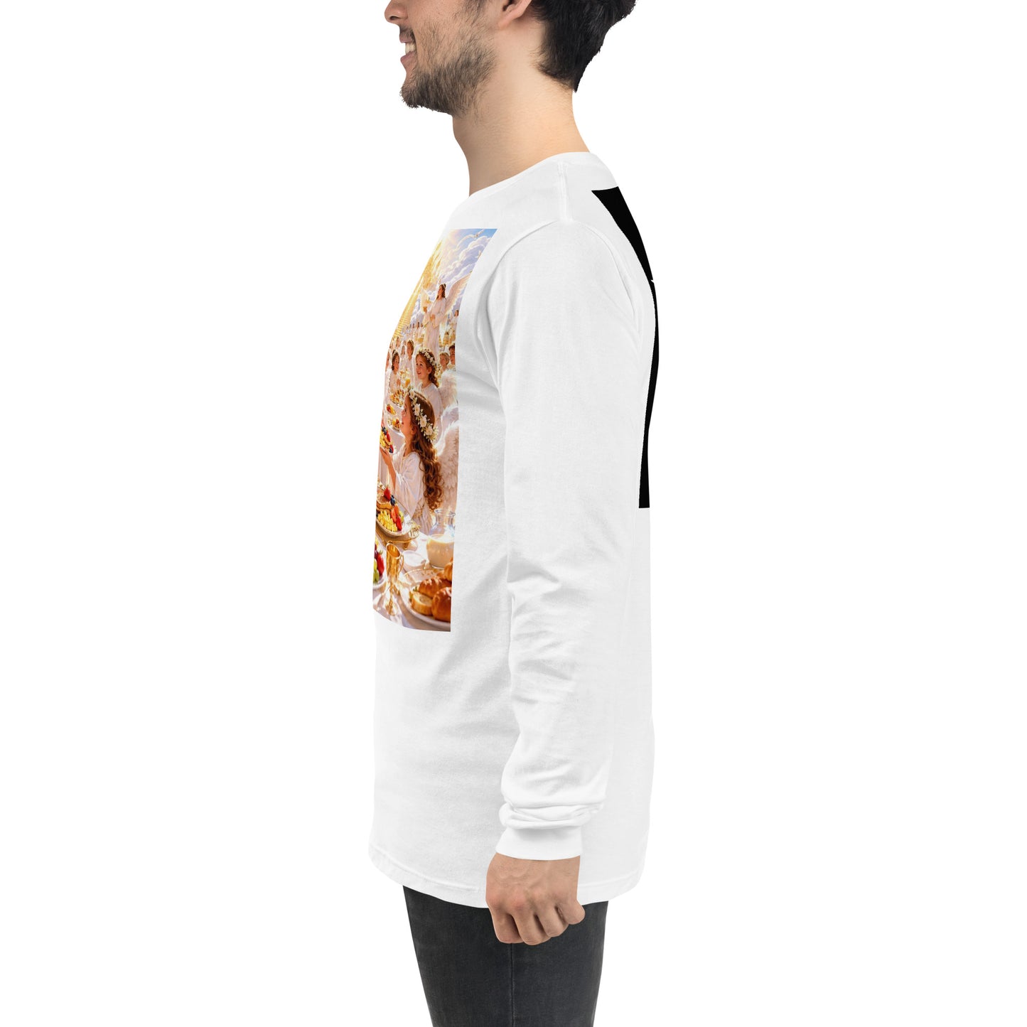 Maglietta unisex a maniche lunghe CORPORATION-86 bianca, vista frontale con collo rotondo e vestibilità comoda.
