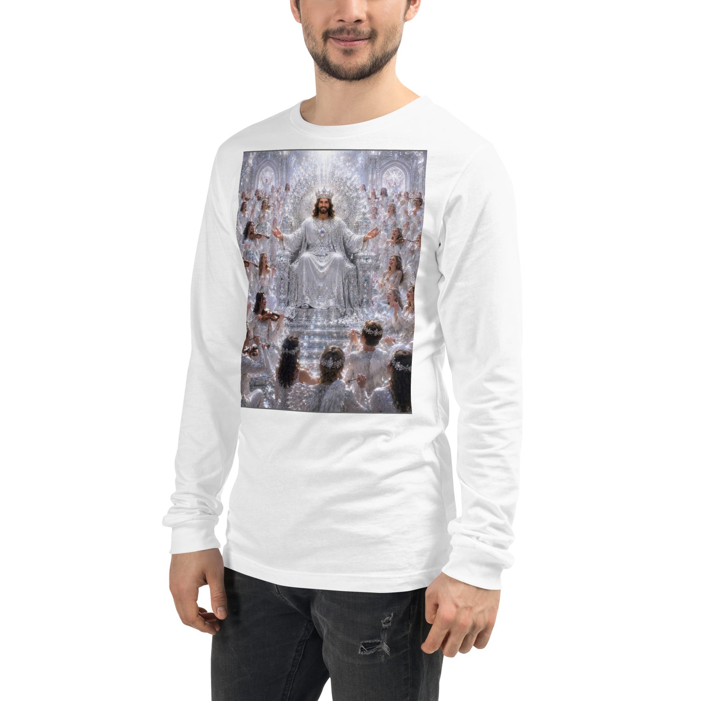 Maglietta unisex a manica lunga CORPORATION-86 bianca vista frontale a sinistra, tessuto morbido e comodo.
