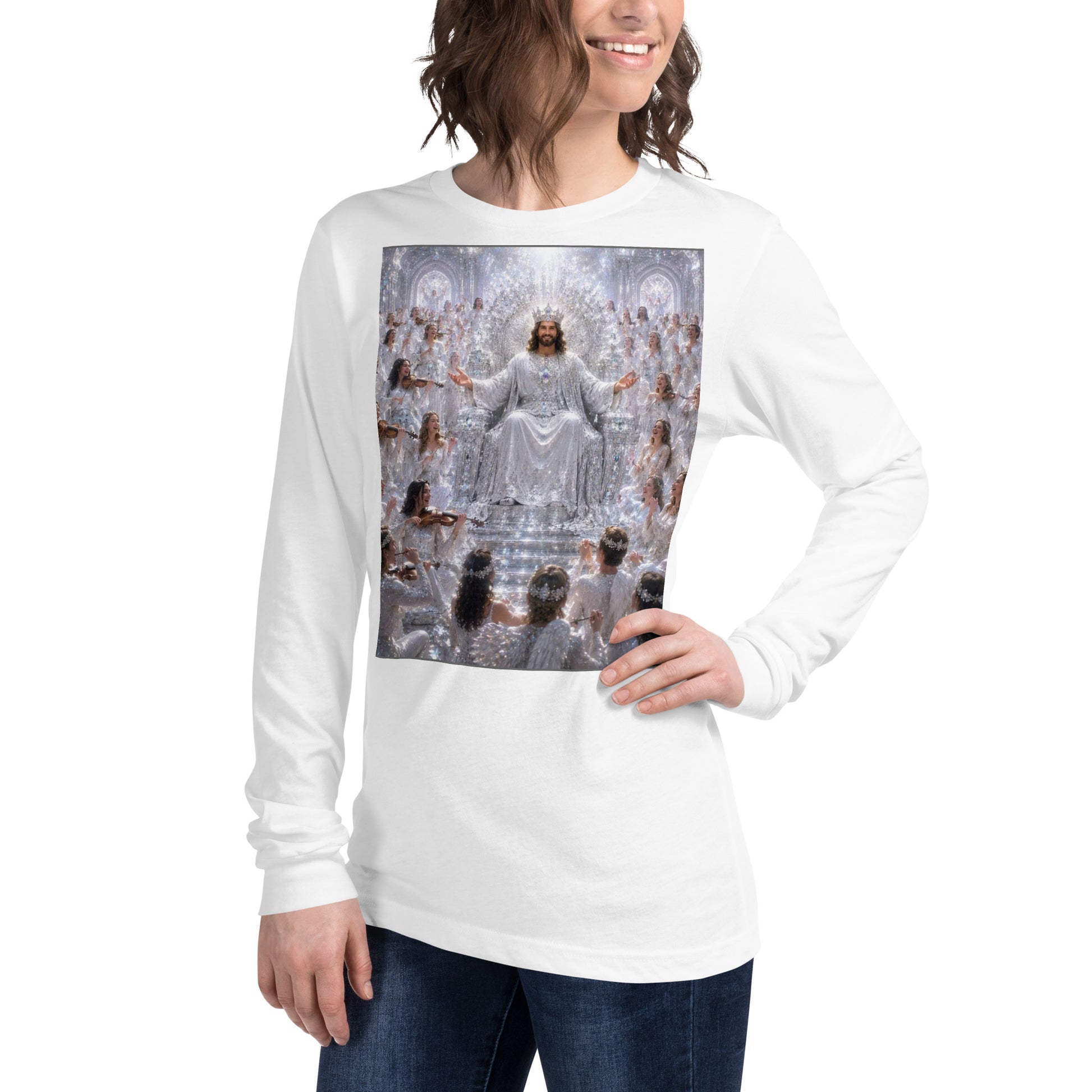 Maglietta unisex a maniche lunghe CORPORATION-86 bianca, vista frontale a sinistra, tessuto morbido e comodo.