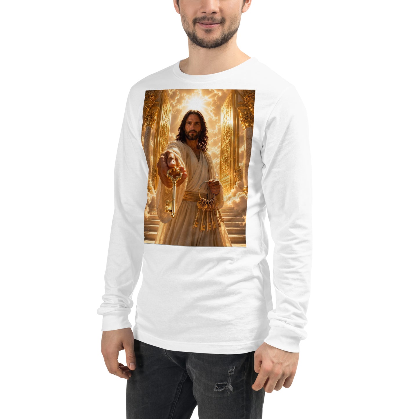 T-shirt unisex a maniche lunghe bianco di CORPORATION-86, vista frontale a sinistra, tessuto morbido e stile casual.