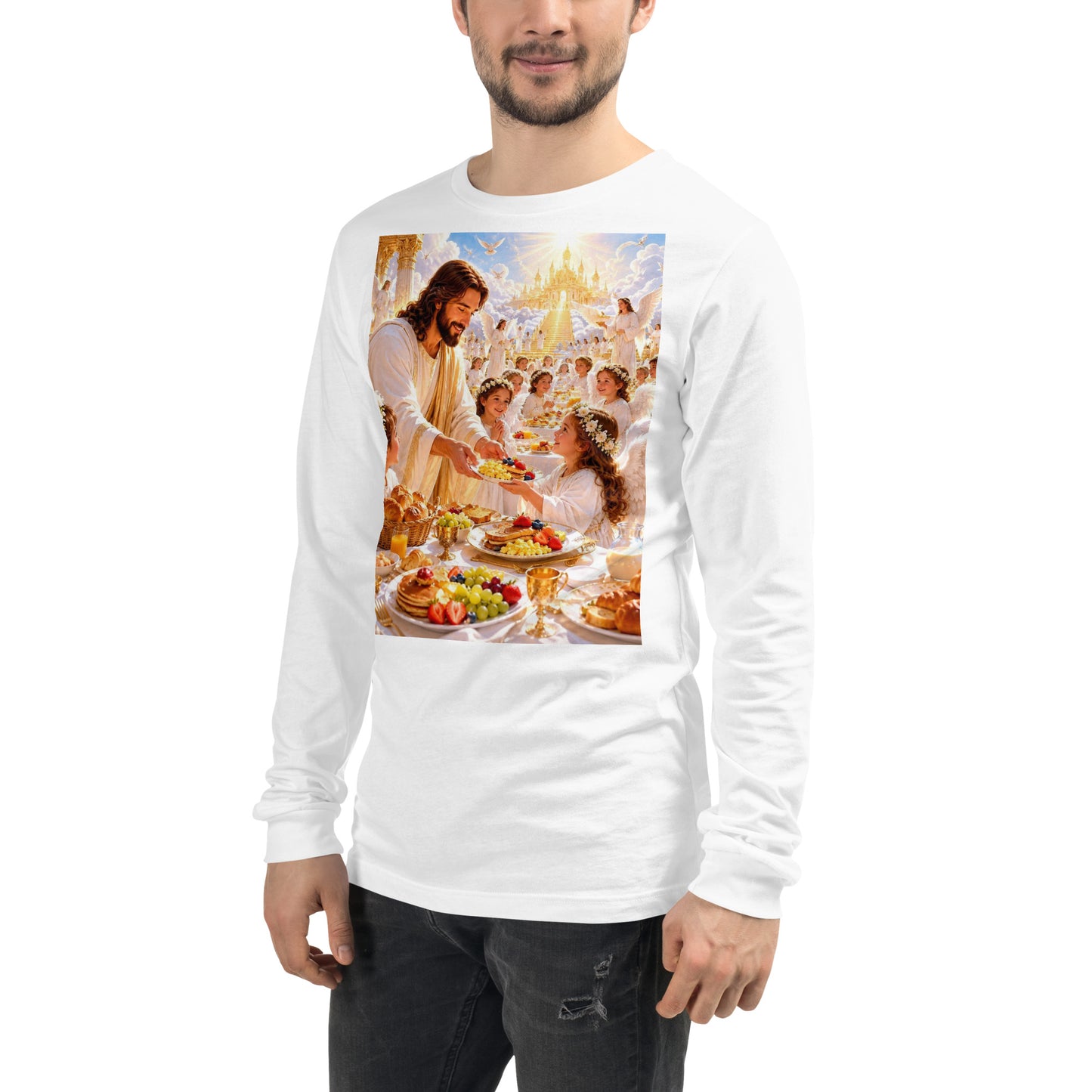 Maglietta unisex a maniche lunghe CORPORATION-86 bianca vista frontale a sinistra, dettaglio del tessuto e del design semplice