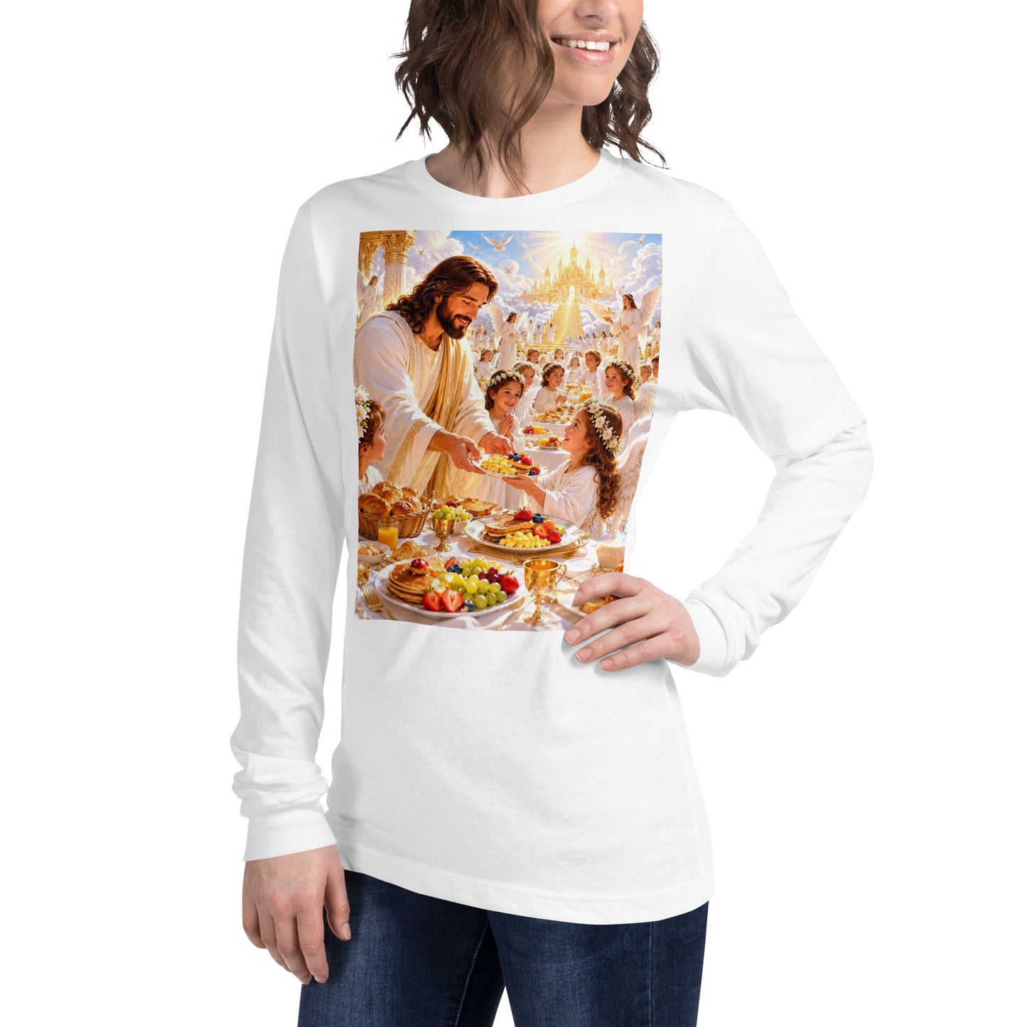 T-shirt unisex a maniche lunghe bianco CORPORATION-86, vista frontale a sinistra, tessuto morbido e comodo.