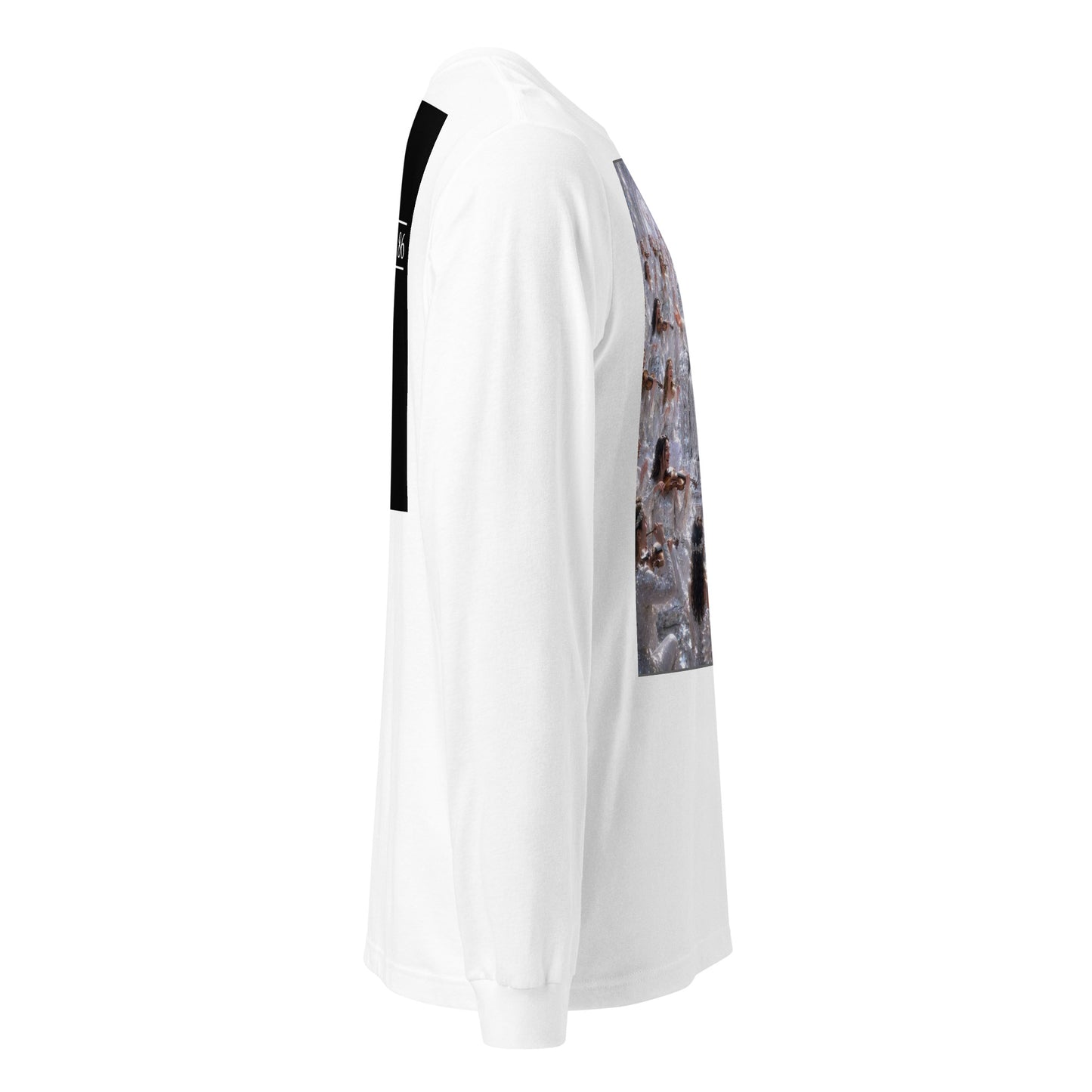 Maglietta unisex a maniche lunghe bianca di CORPORATION-86, vista frontale, tessuto morbido e comodo.