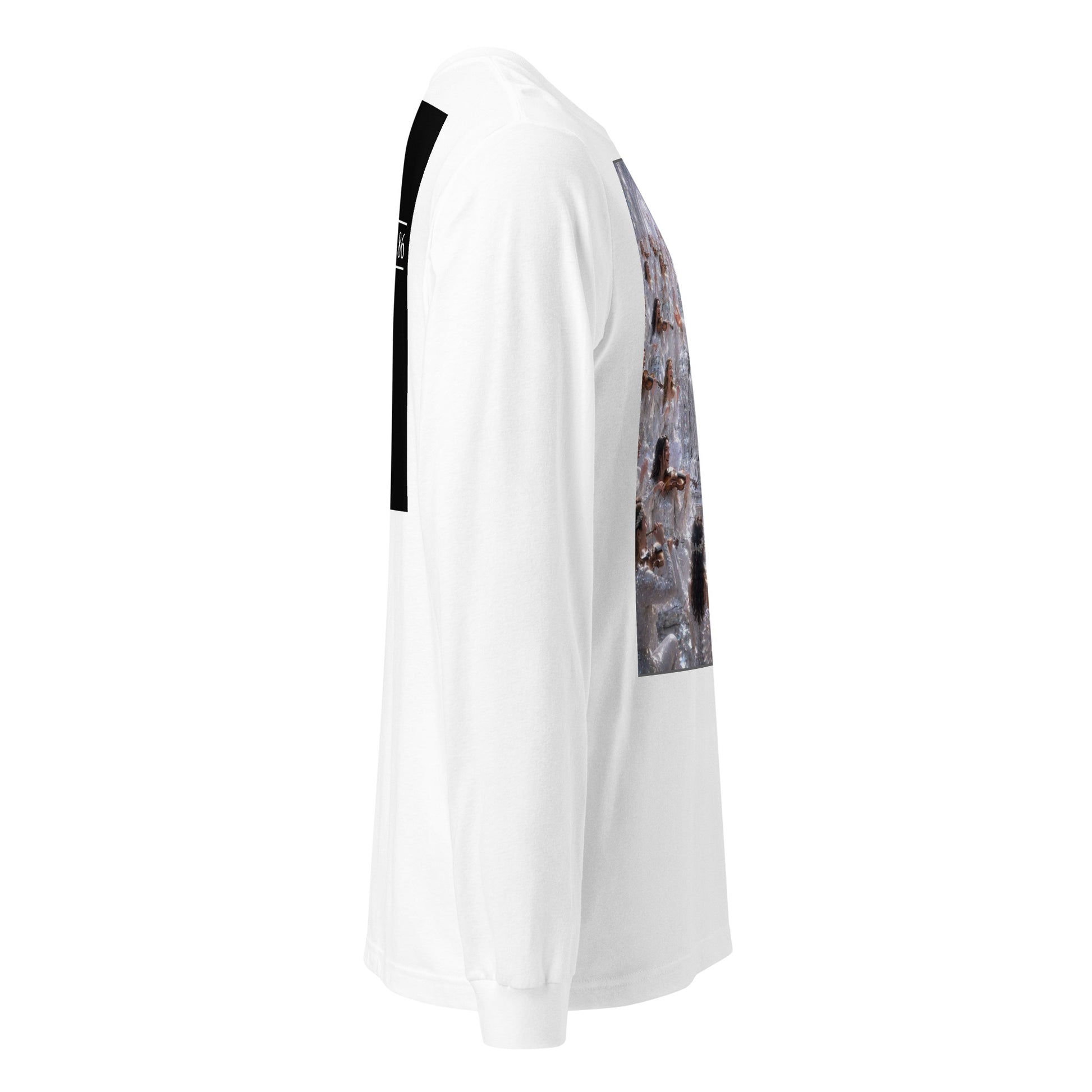Maglietta unisex a maniche lunghe bianca di CORPORATION-86, vista frontale, tessuto morbido e comodo.