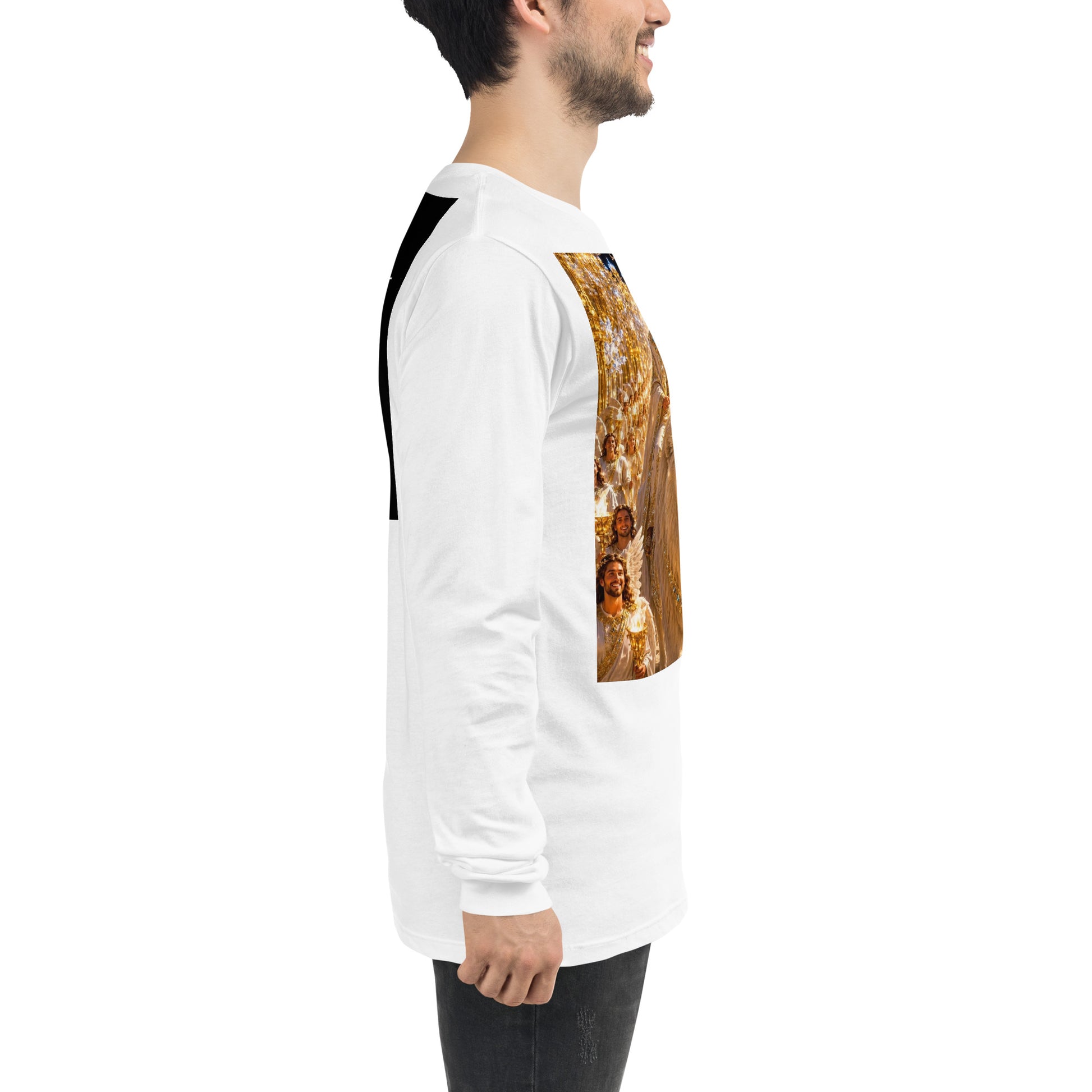 Maglietta unisex a maniche lunghe CORPORATION-86 bianca, vista laterale, morbida e comoda, ideale per uno stile casual.