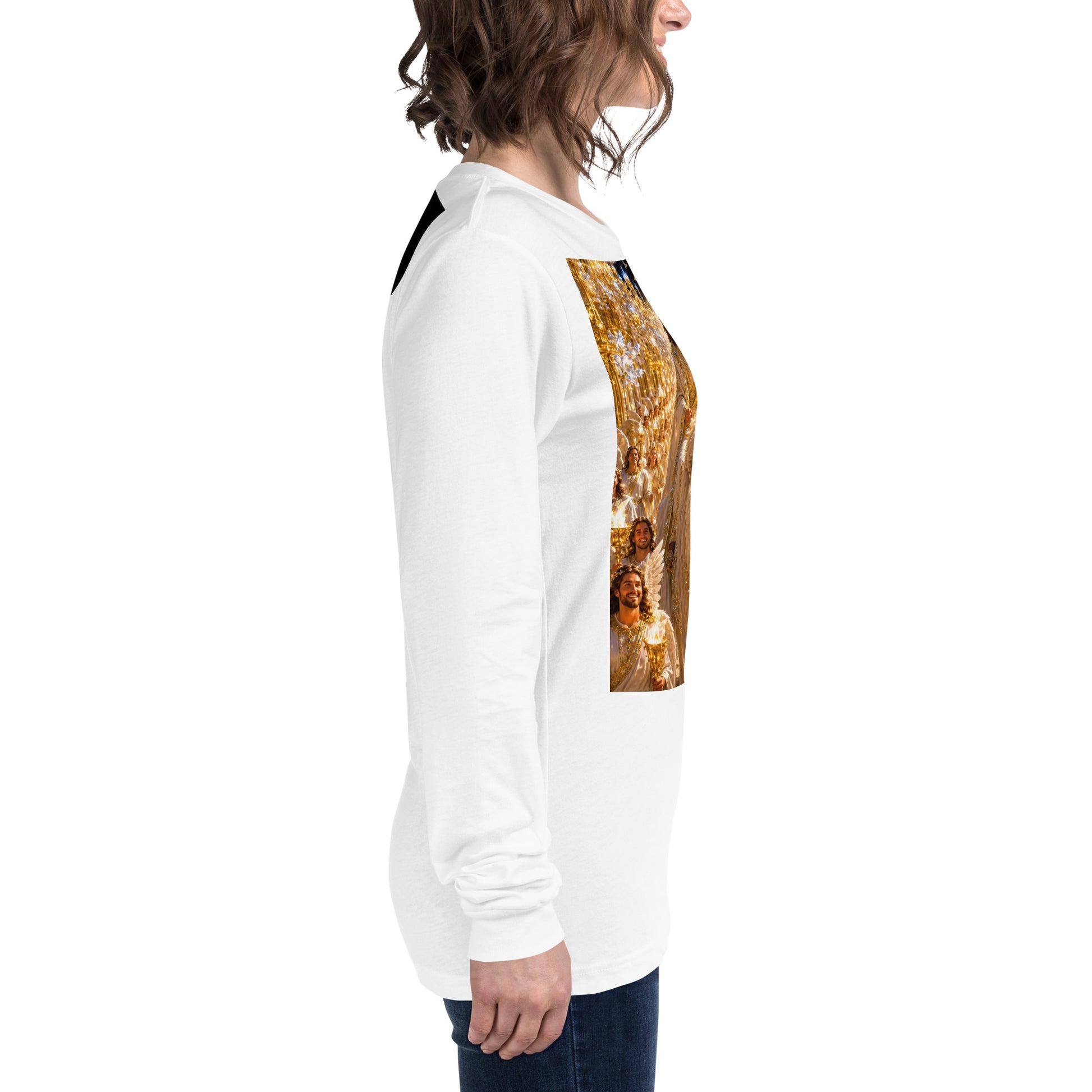 T-shirt unisex a maniche lunghe bianca CORPORATION-86, vestibilità comoda e stile casual, vista laterale.