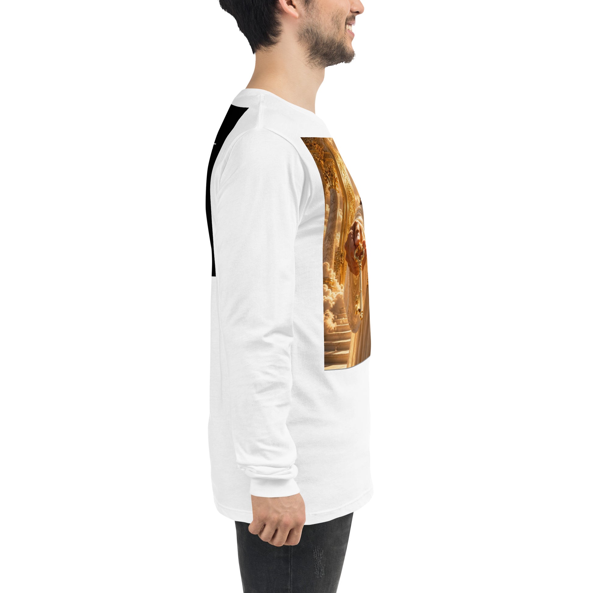 T-shirt unisex a maniche lunghe bianco di CORPORATION-86, vista laterale, morbido e comodo da indossare.