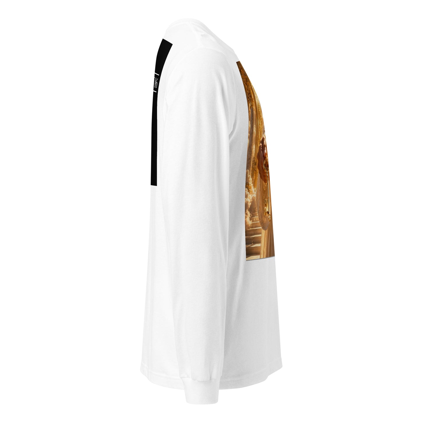 T-shirt unisex a maniche lunghe bianco CORPORATION-86, vista laterale con dettaglio del colletto e maniche.