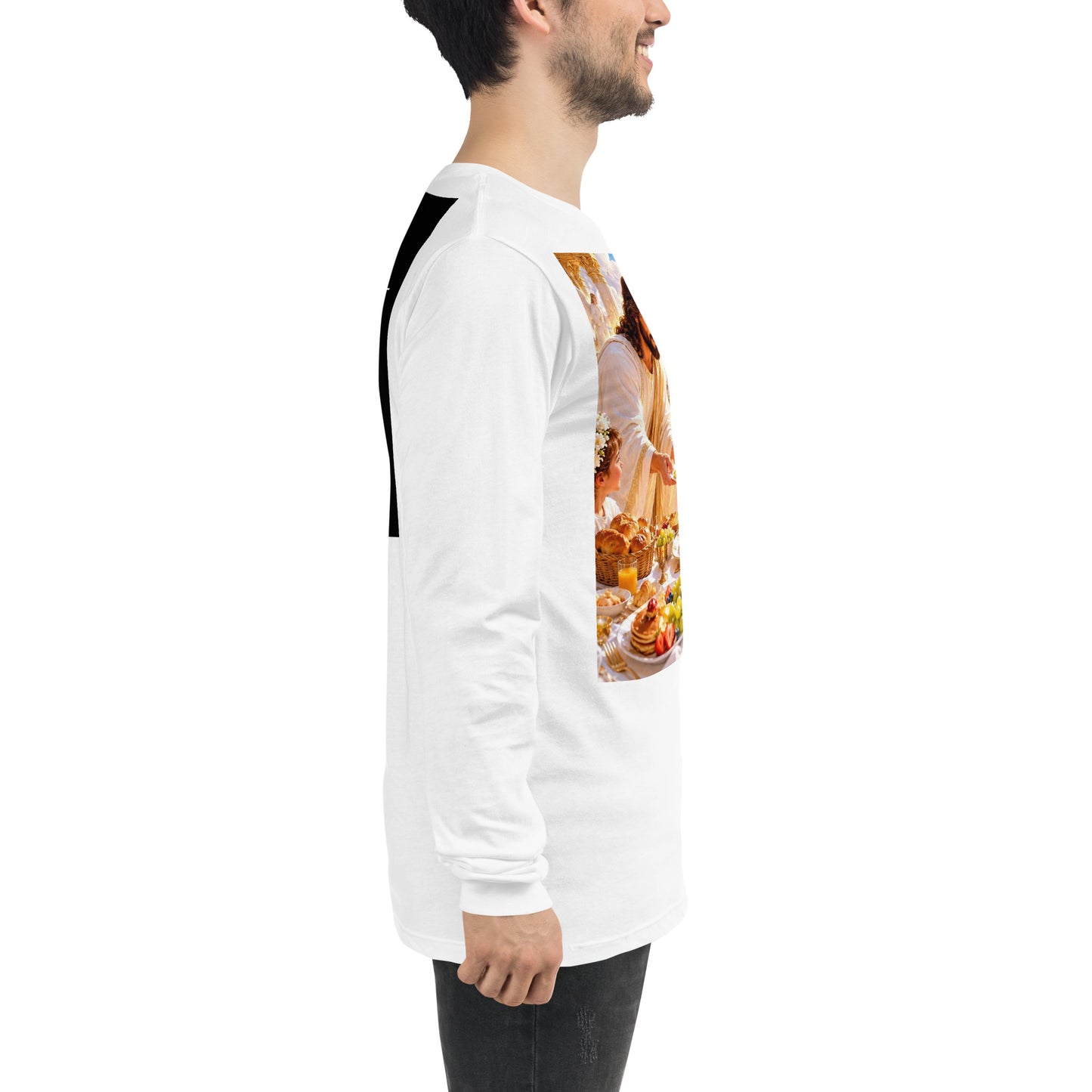 Maglietta unisex a maniche lunghe CORPORATION-86 bianca, vista laterale con dettagli e tessuto morbido.