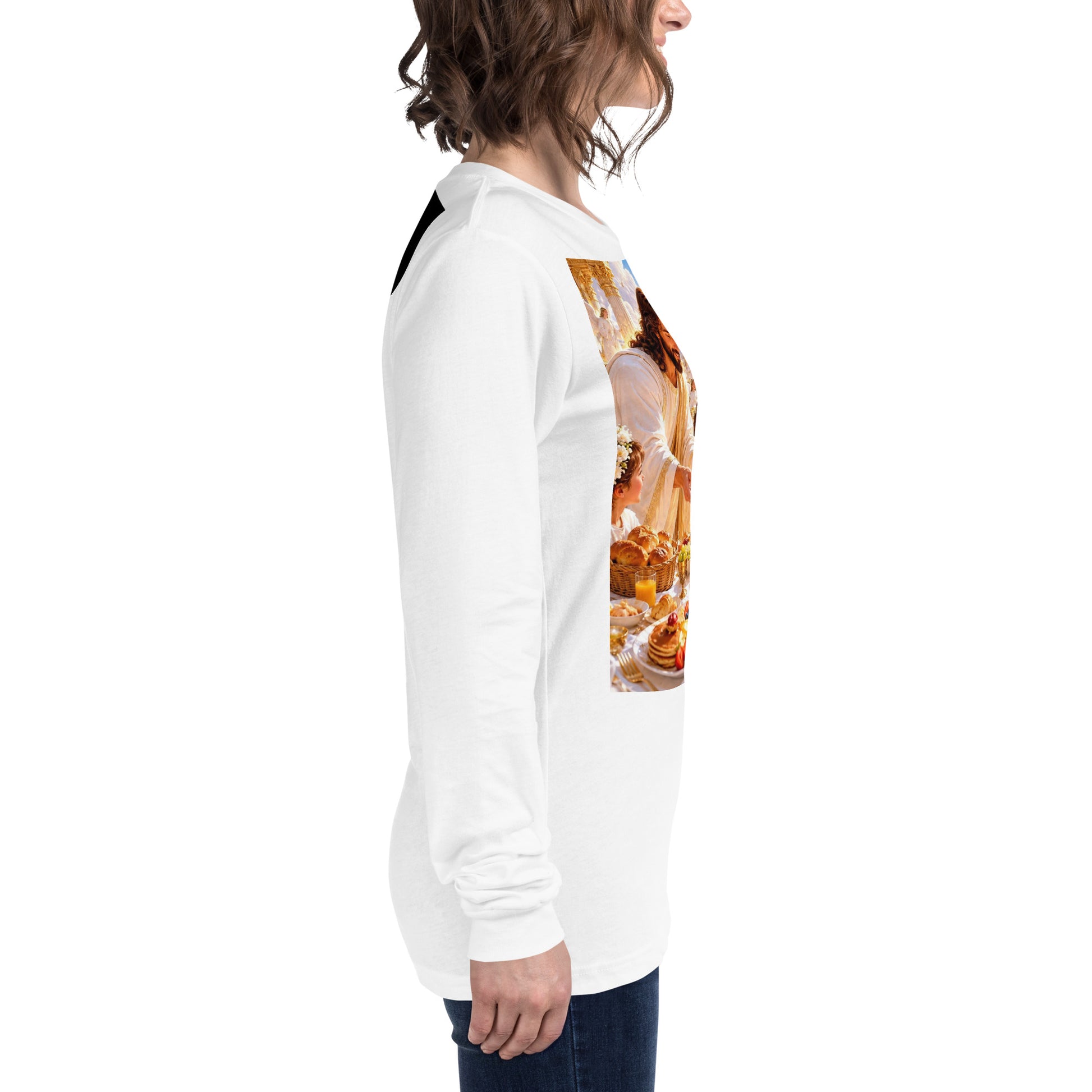Maglietta unisex a maniche lunghe CORPORATION-86 bianca, vista laterale con dettagli semplici e vestibilità comoda.
