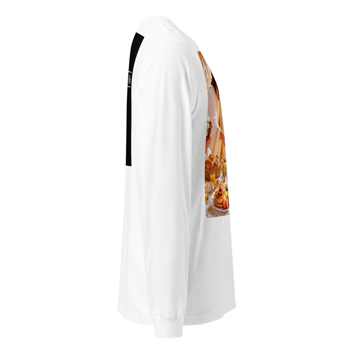 Maglietta unisex a maniche lunghe CORPORATION-86 bianca, vista laterale, tessuto morbido e vestibilità comoda.