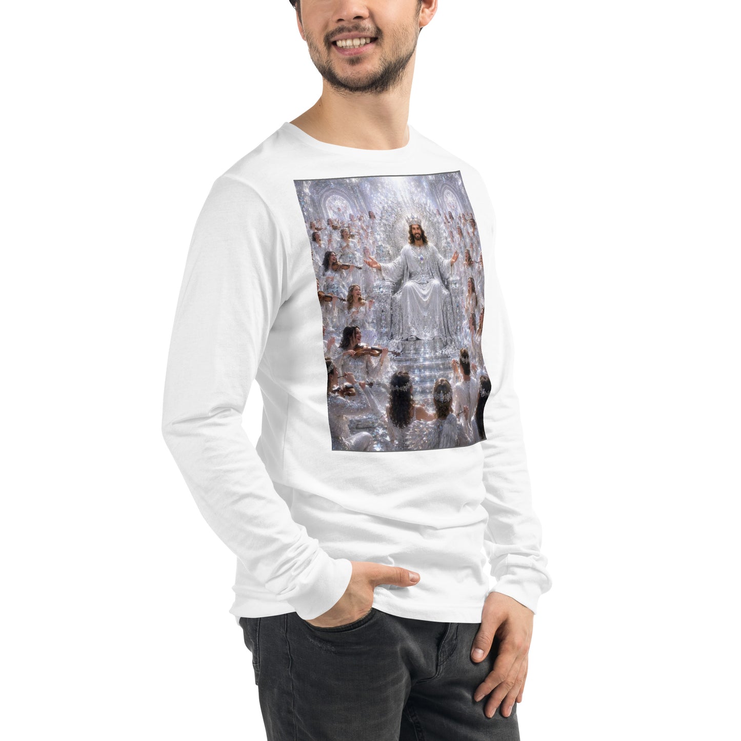 Maglietta unisex a maniche lunghe CORPORATION-86 bianca vista frontale a destra, dettagli visibili sul tessuto e il taglio.