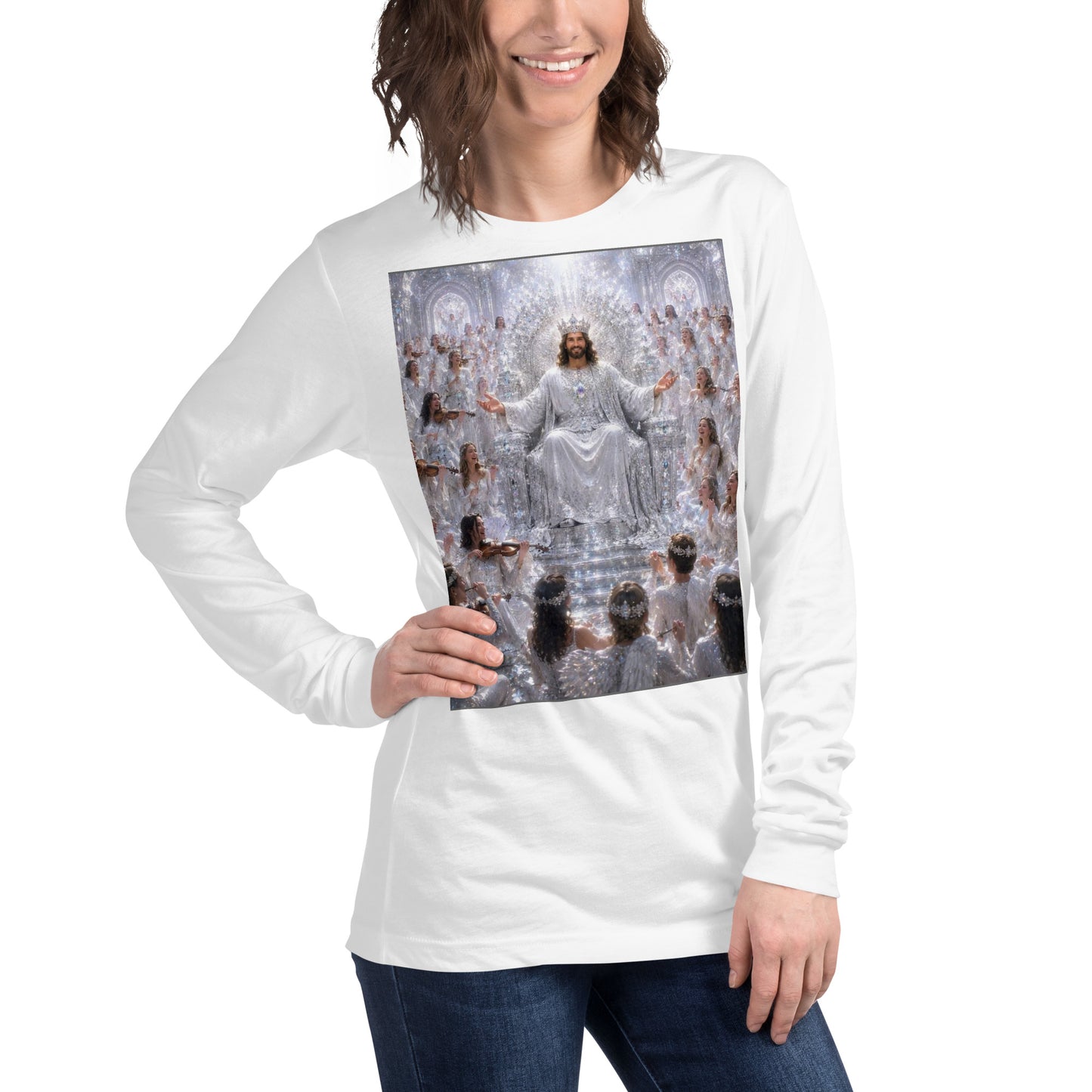 Maglietta unisex a maniche lunghe CORPORATION-86 bianca, vista frontale a destra, tessuto morbido e comodo.