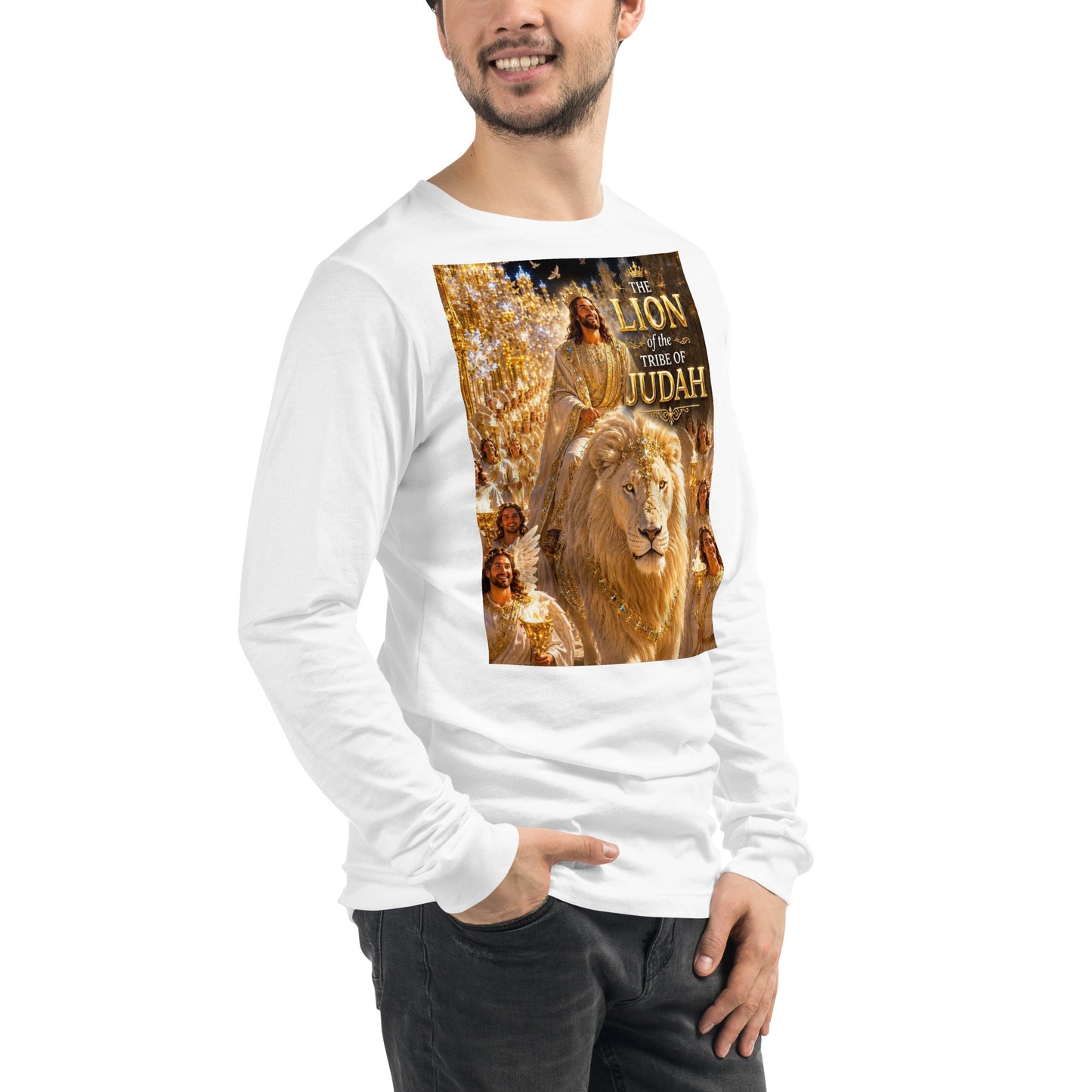T-shirt unisex a maniche lunghe bianca CORPORATION-86 vista frontale a destra, dettagli del tessuto e vestibilità.