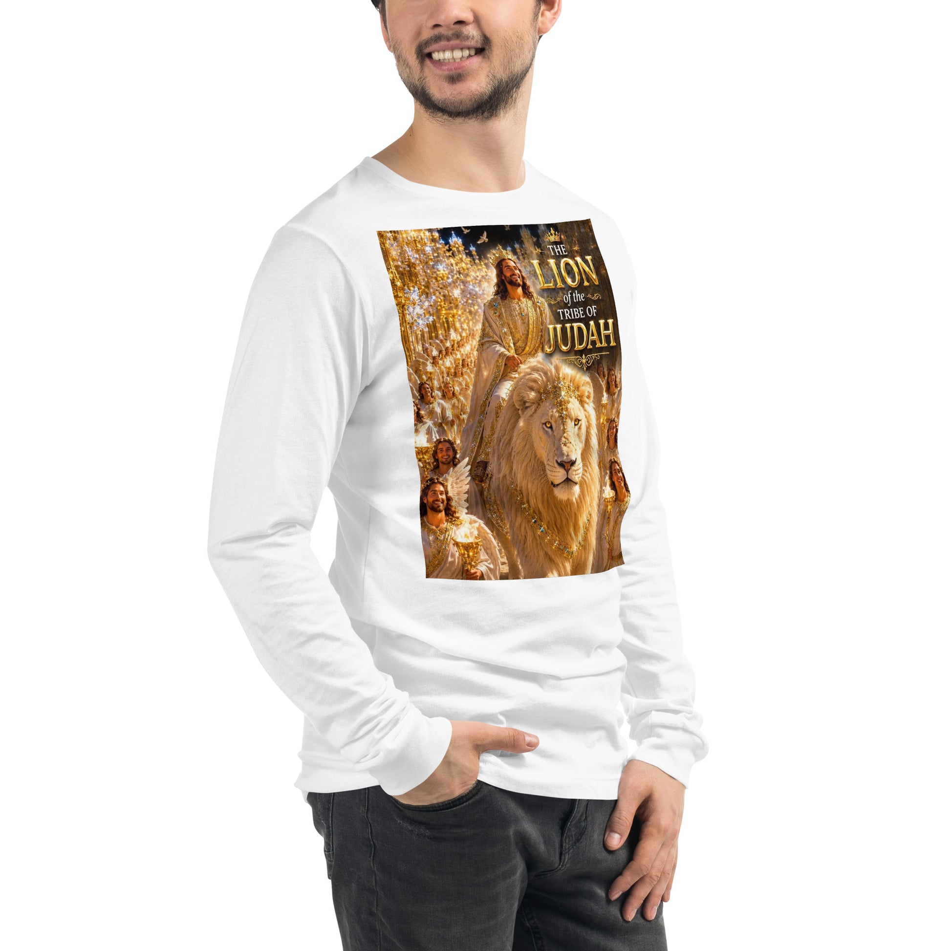 T-shirt unisex a maniche lunghe bianca CORPORATION-86 vista frontale a destra, dettagli del tessuto e vestibilità.