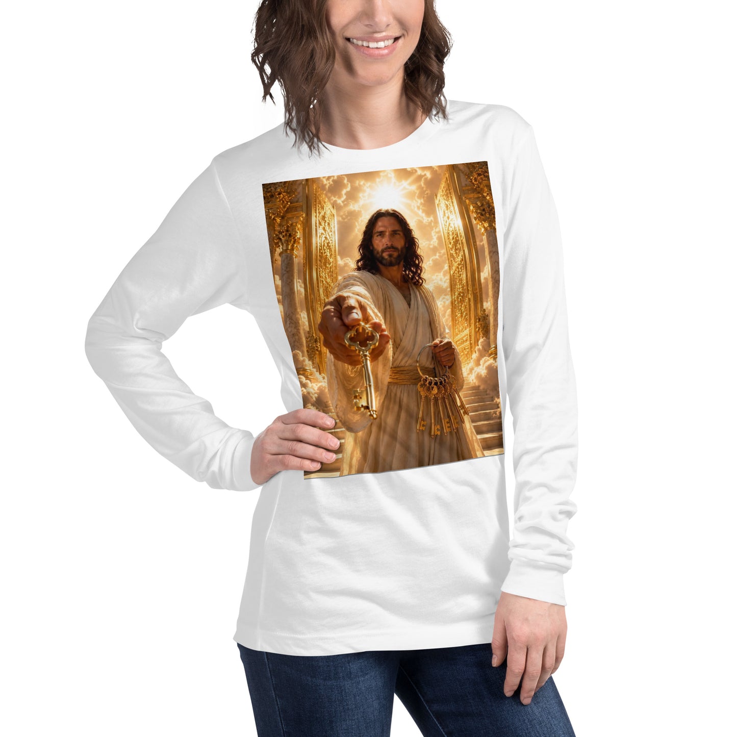 T-shirt unisex a maniche lunghe CORPORATION-86 bianco visto da fronte a destra, tessuto morbido e stile casual.