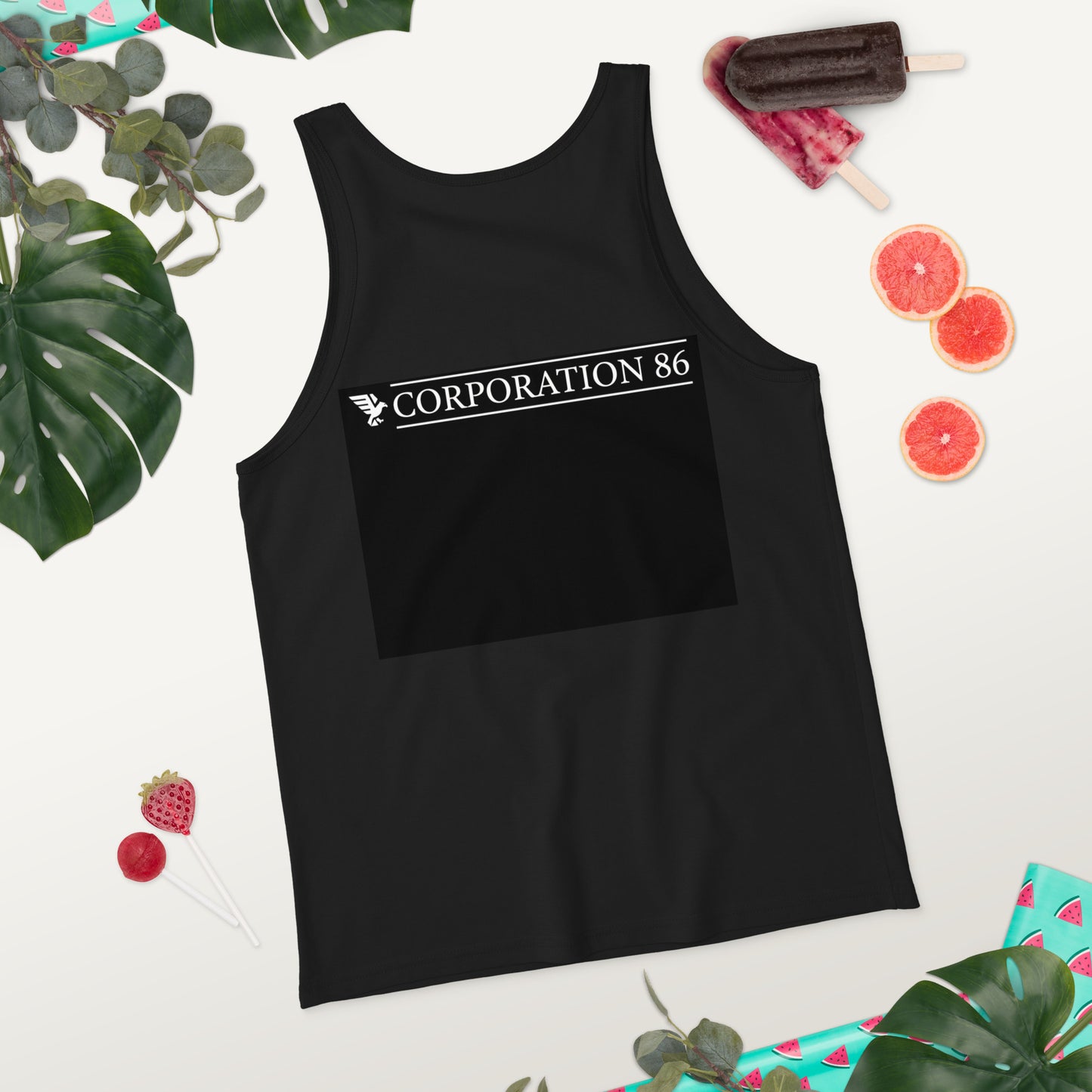 Canotta unisex CORPORATION-86 nera vista da dietro, tessuto morbido e design semplice, ideale per uno stile casual e comodo