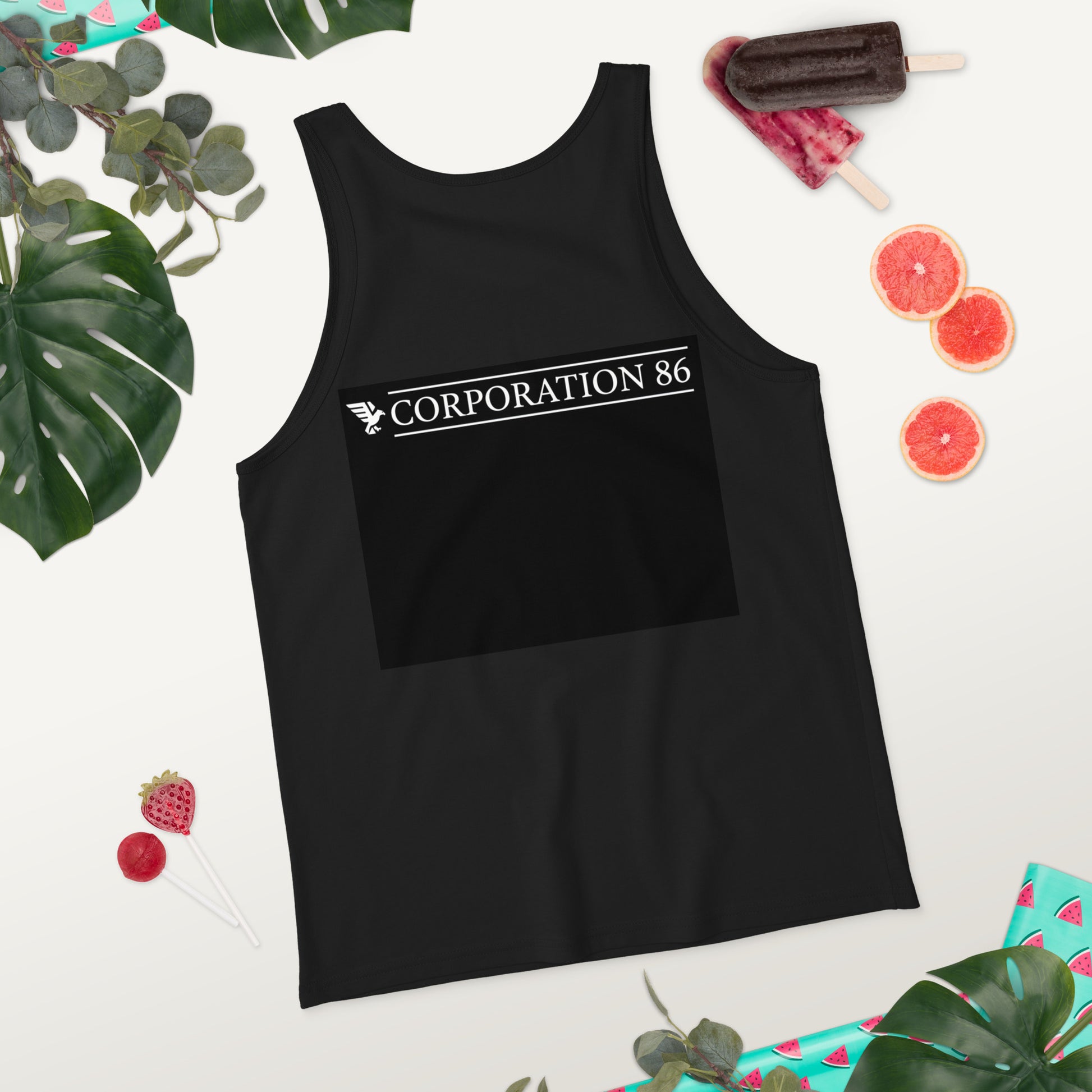 Canotta unisex CORPORATION-86 nera vista da dietro, tessuto morbido e comodo, senza scritte o decorazioni visibili.