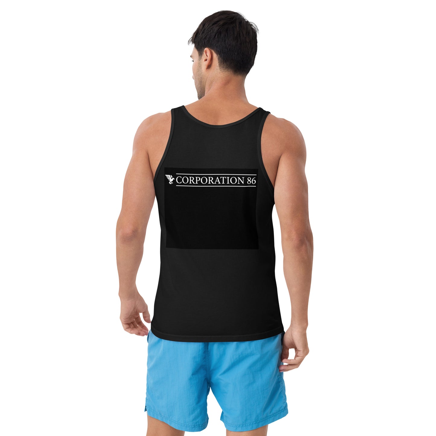 Canotta unisex CORPORATION-86 nera vista da dietro, tessuto morbido e taglio classico, ideale per uno stile casual e confortevole.
