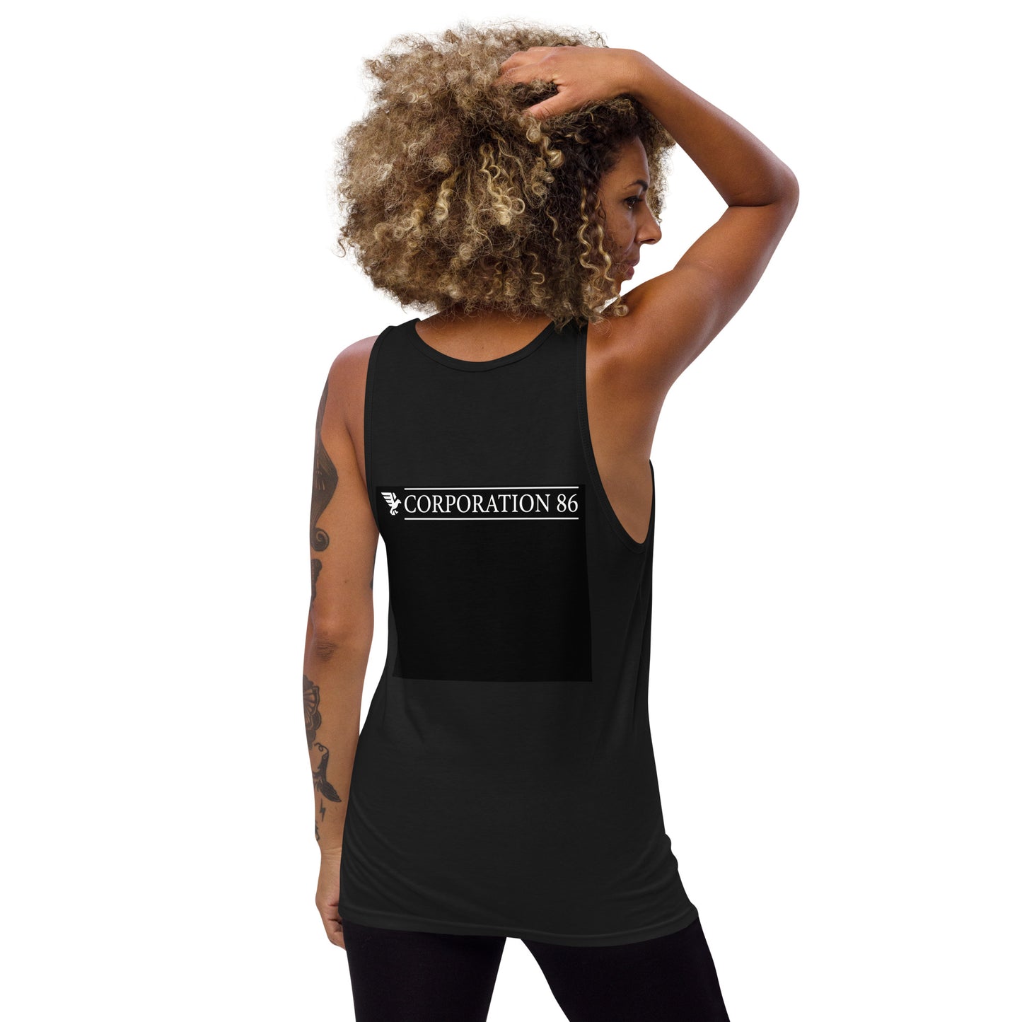 Canotta unisex CORPORATION-86 nera vista da dietro, tessuto morbido e comodo, stile casual e versatile, senza dettagli aggiuntivi