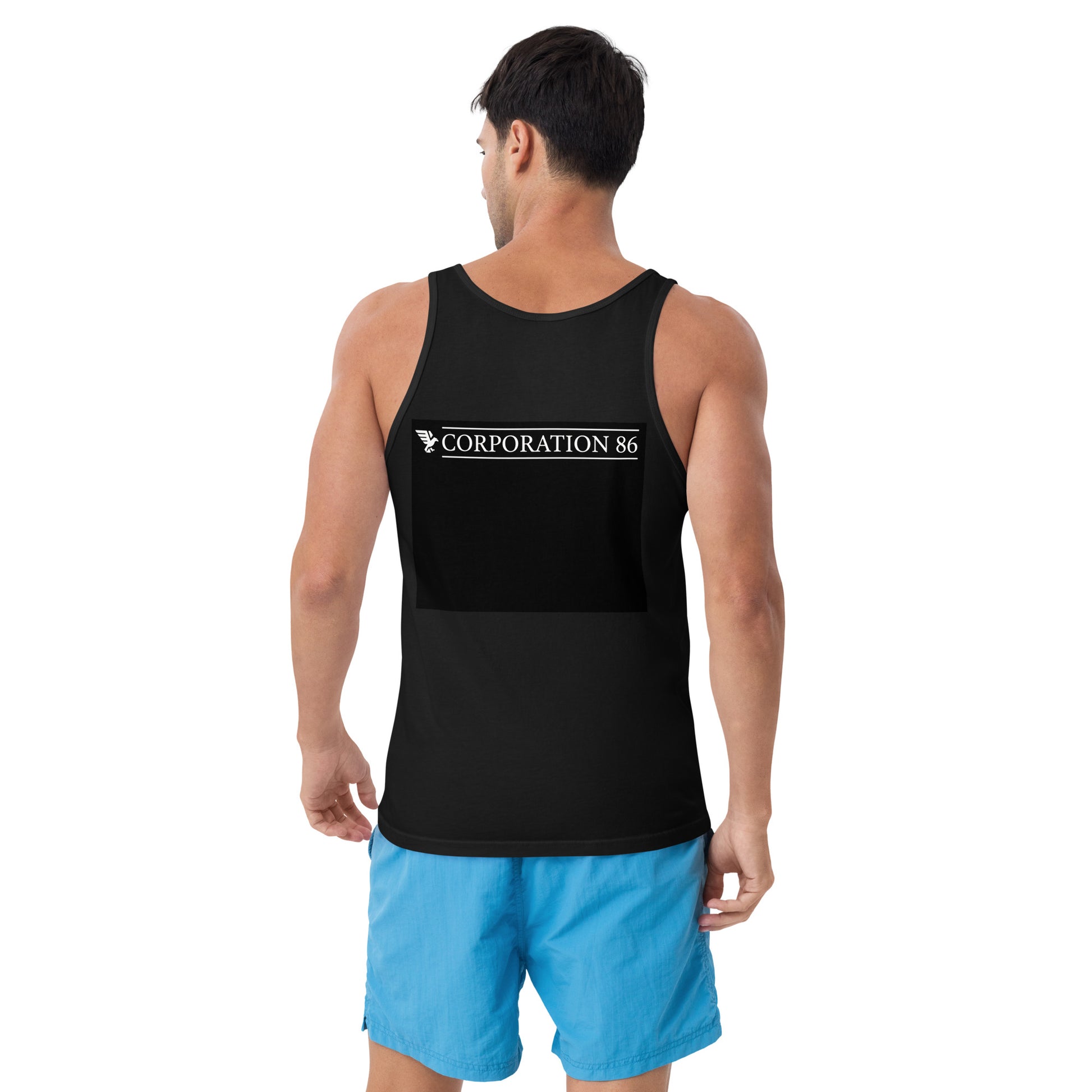 Canotta unisex CORPORATION-86 nera vista da dietro, tessuto morbido e vestibilità comoda, senza stampe o dettagli visibili.