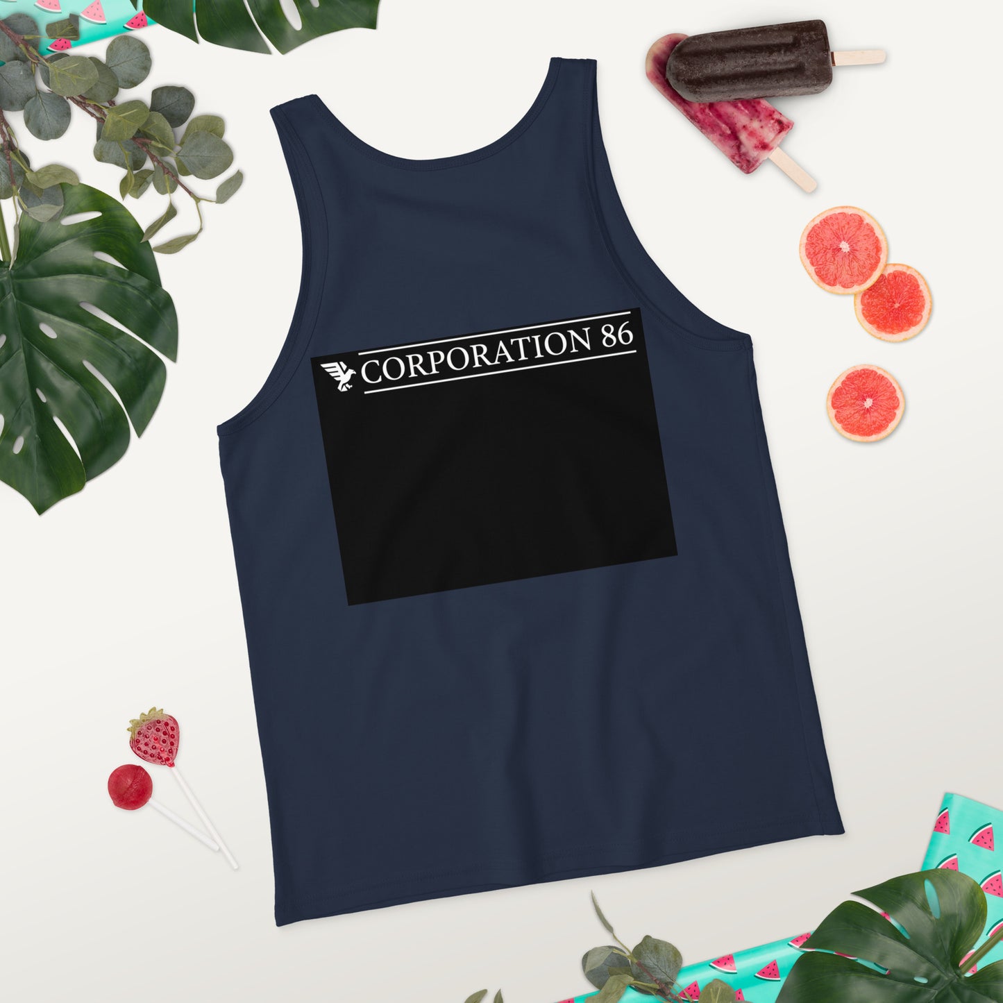 Canotta unisex CORPORATION-86 blu navy, vista posteriore con dettaglio semplice, tessuto morbido e comodo.