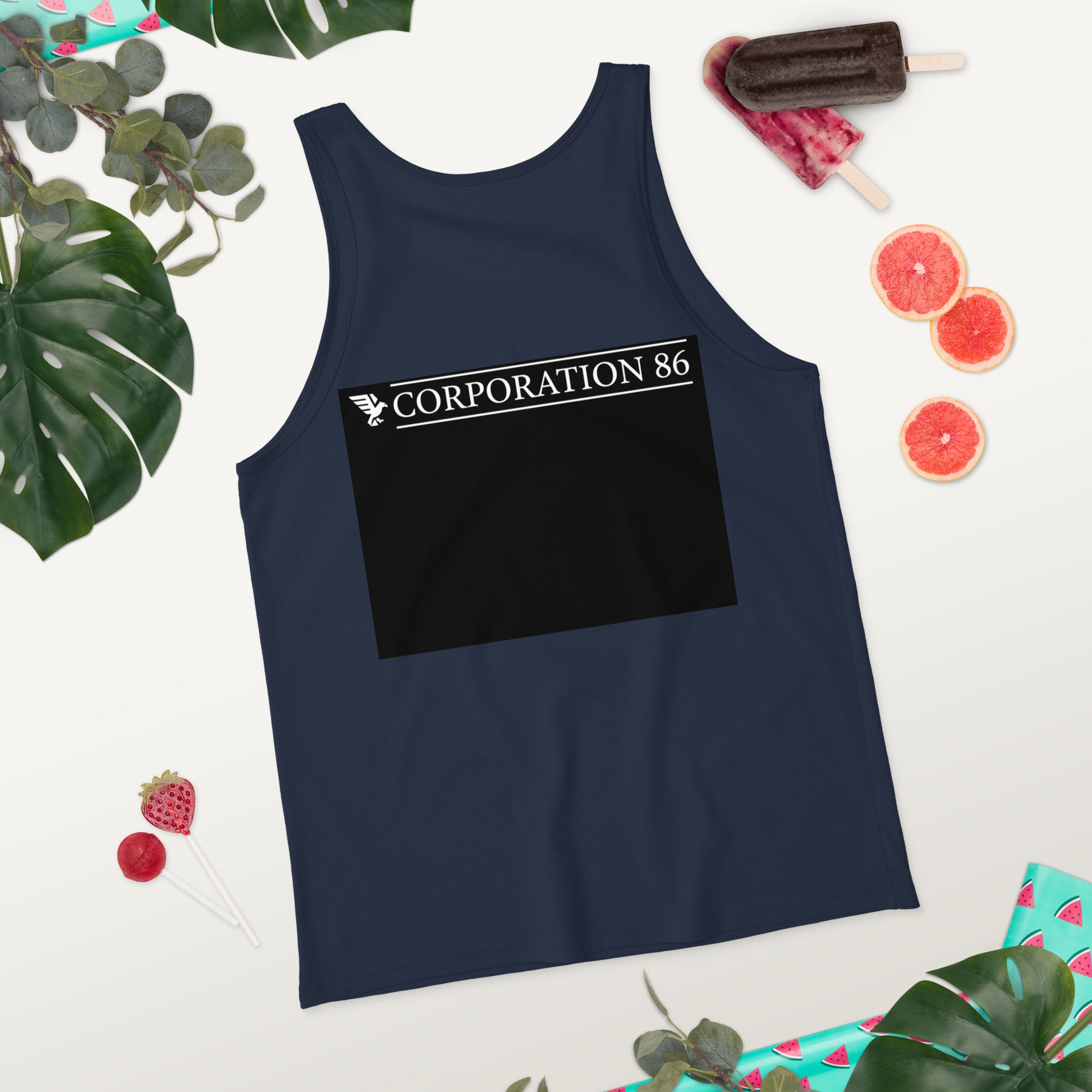 Canotta unisex CORPORATION-86 blu navy, vista posteriore con dettaglio semplice, tessuto morbido e comodo.