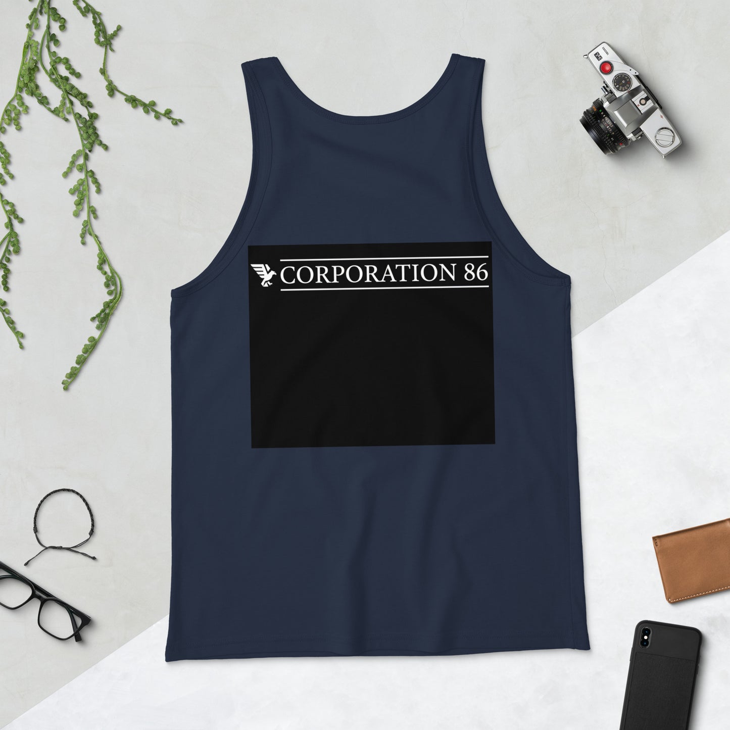Canotta unisex CORPORATION-86 navy, stile semplice e comodo, vista posteriore con dettaglio di tessuto e vestibilità.