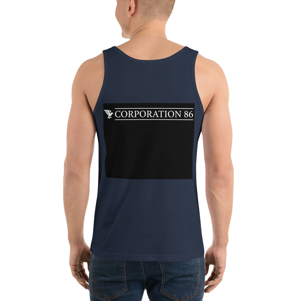 Canotta unisex CORPORATION-86 Navy, stile semplice e comodo, vista posteriore, tessuto morbido, vestibilità sportiva.