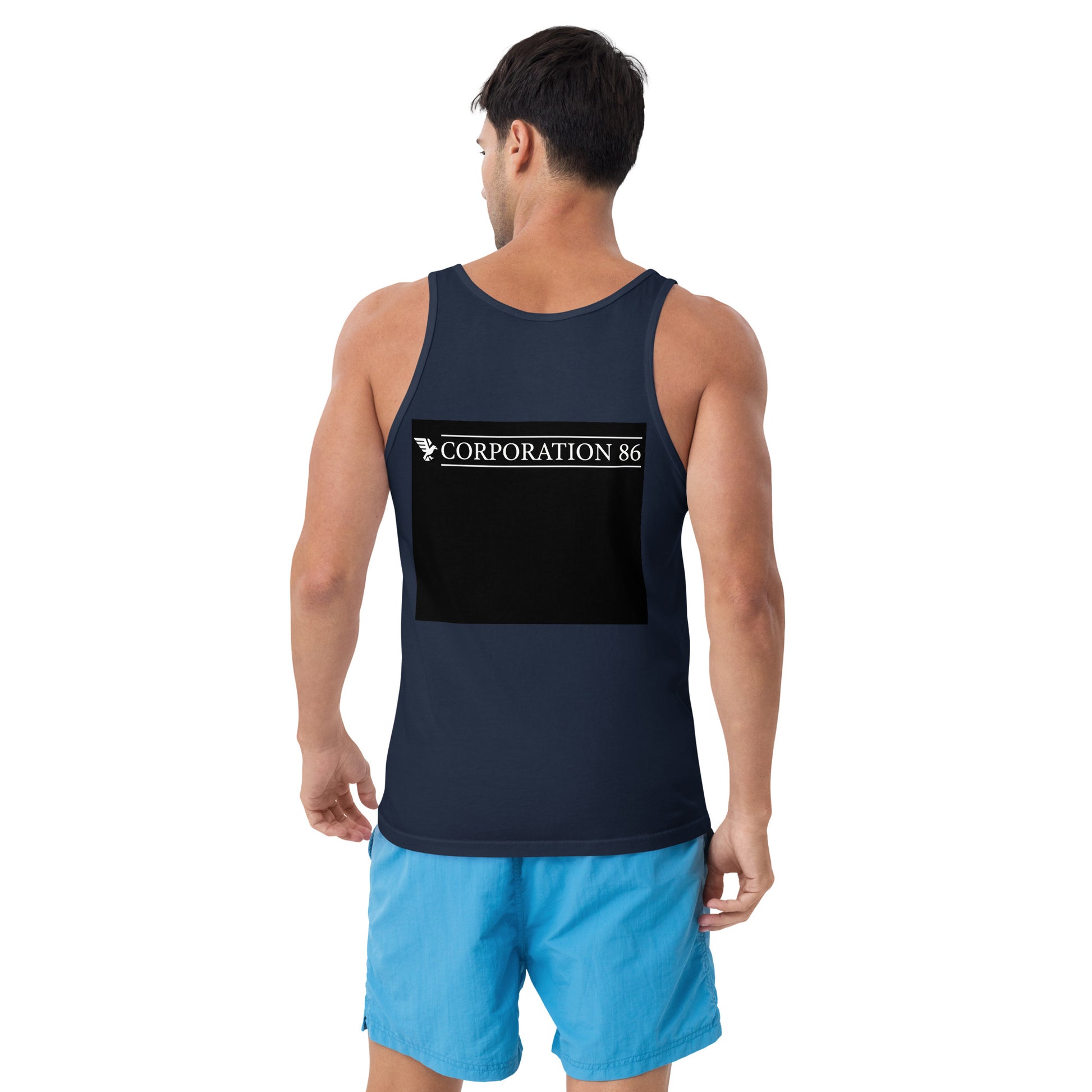Canotta unisex CORPORATION-86 in colore blu navy, vista frontale con dettaglio sul retro, tessuto morbido e comodo