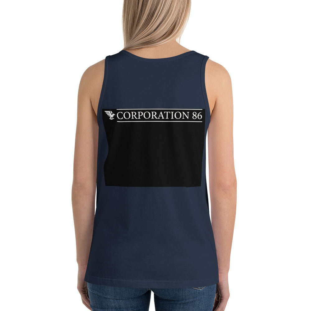 Canotta unisex CORPORATION-86 blu navy, vista posteriore, tessuto morbido, stile semplice e casual.