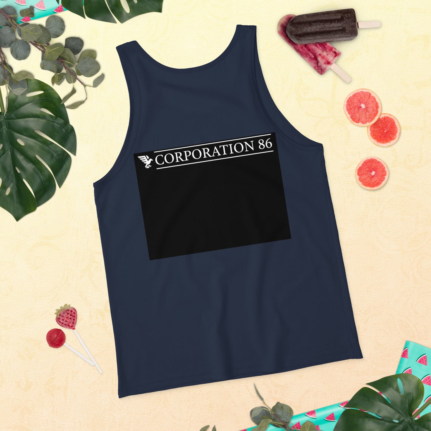 Canotta unisex CORPORATION-86 blu navy con schiena aperta, tessuto morbido e comodo, ideale per un look casual e sportivo.