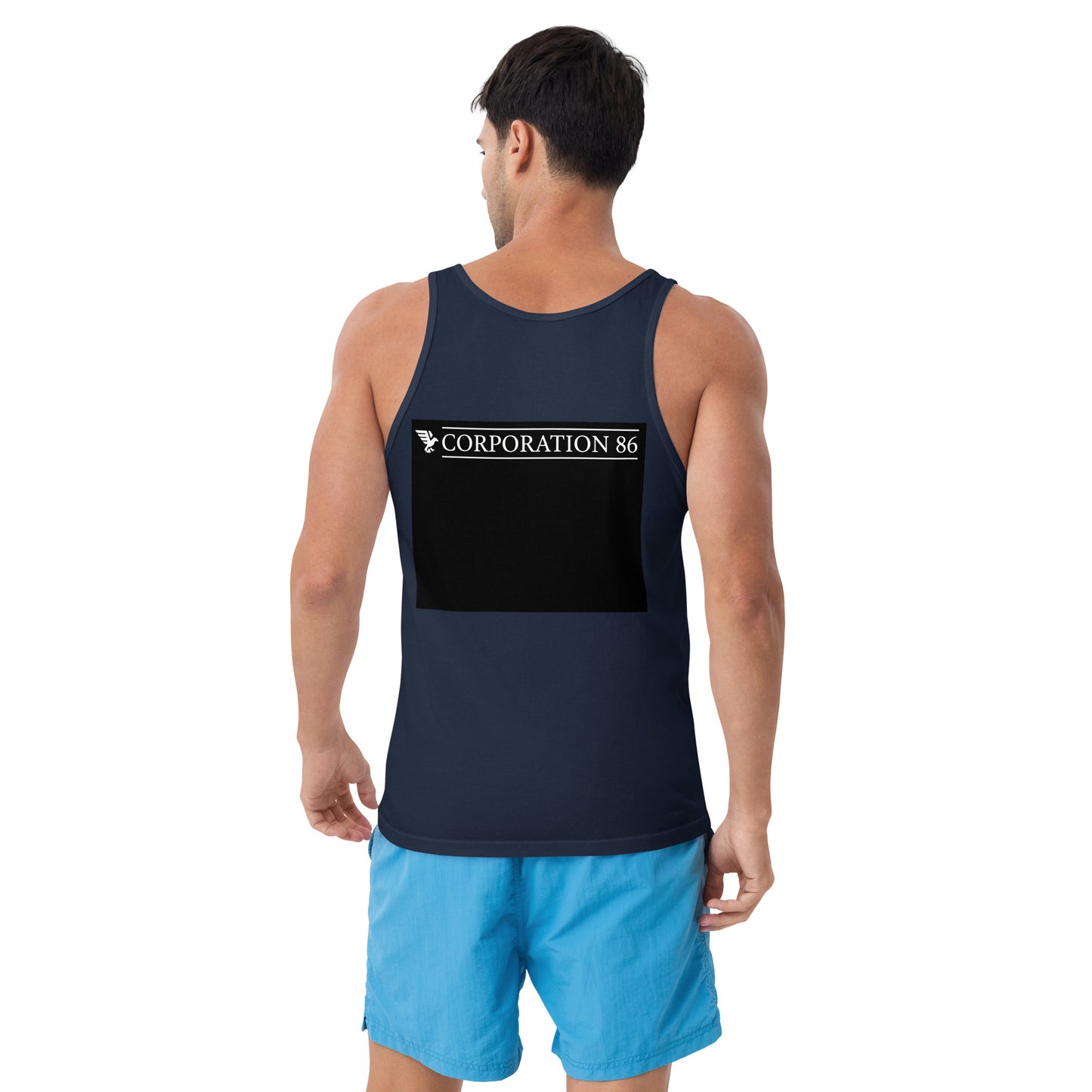 Canotta unisex CORPORATION-86 in blu navy, tessuto morbido, vista posteriore, stile casual e versatile.