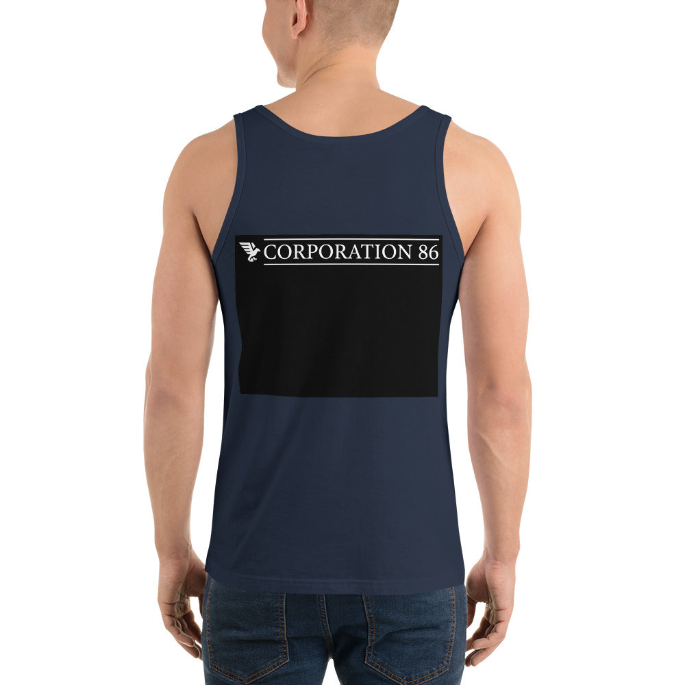 Canotta unisex CORPORATION-86 Navy con schiena aperta, tessuto morbido e versatile per ogni stagione.