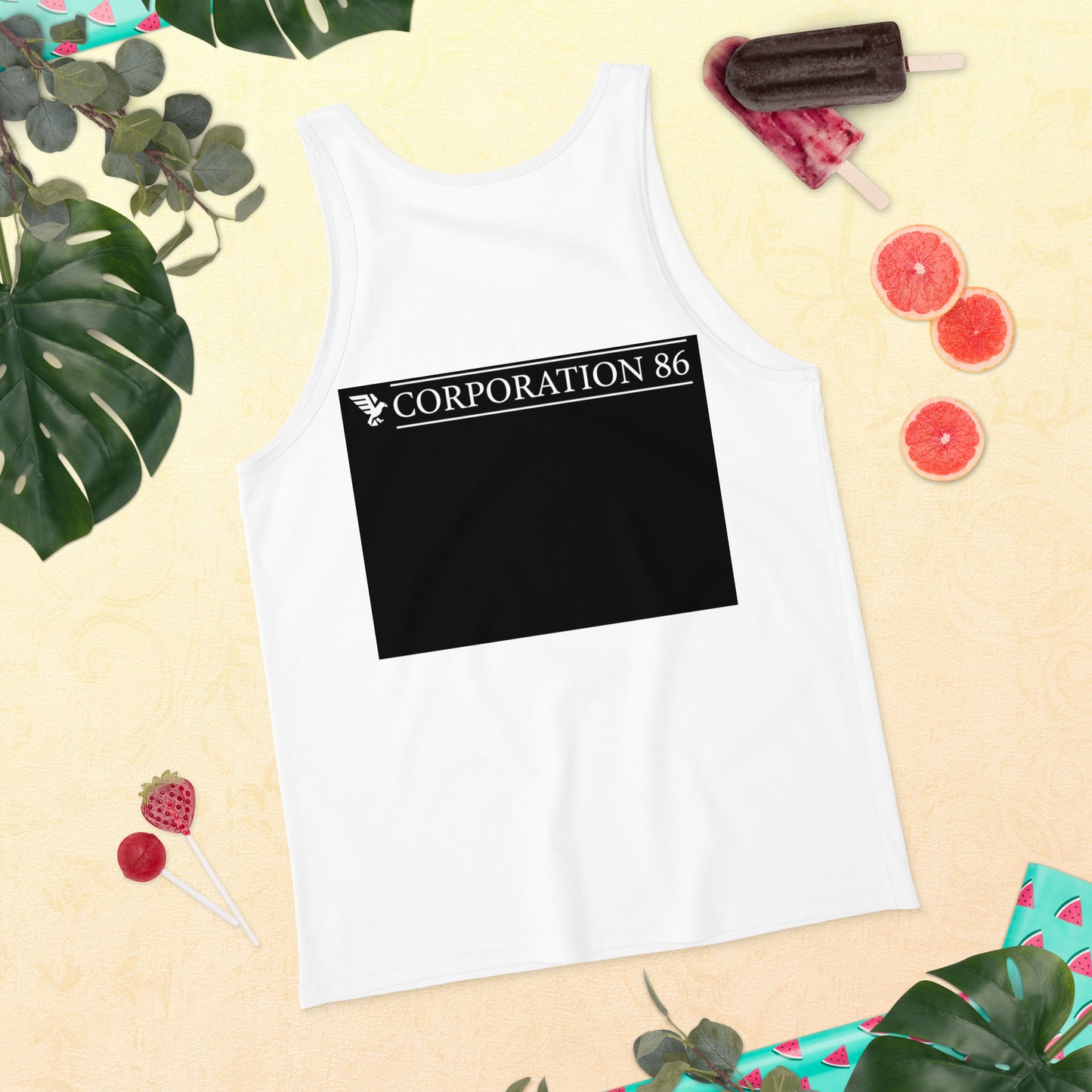 Canotta unisex CORPORATION-86 bianca con schiena aperta, tessuto morbido e stile casual, visibile da dietro in immagine.