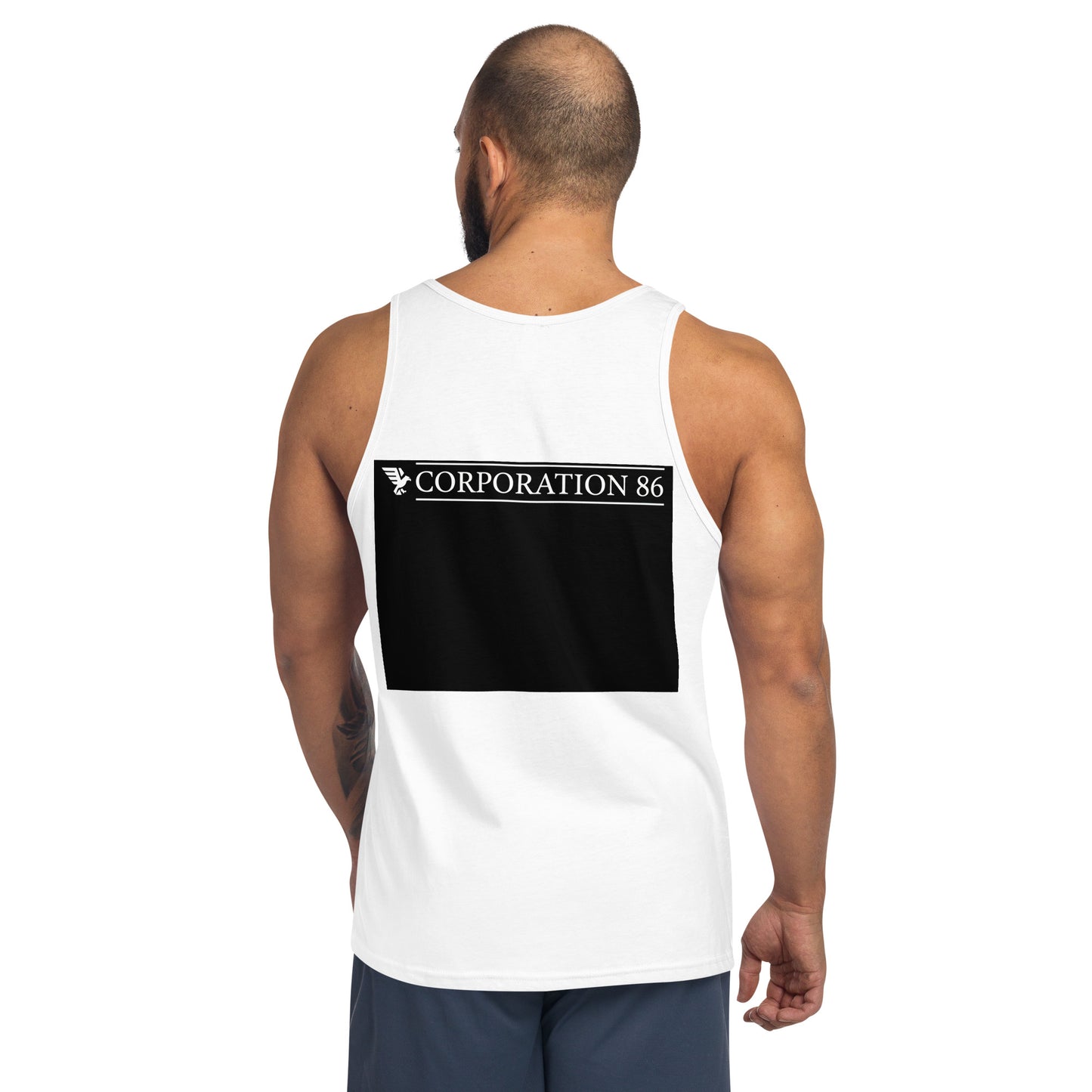 Canotta unisex bianca CORPORATION-86 con schiena scoperta, tessuto morbido e stile casual, visibile da dietro in immagine.
