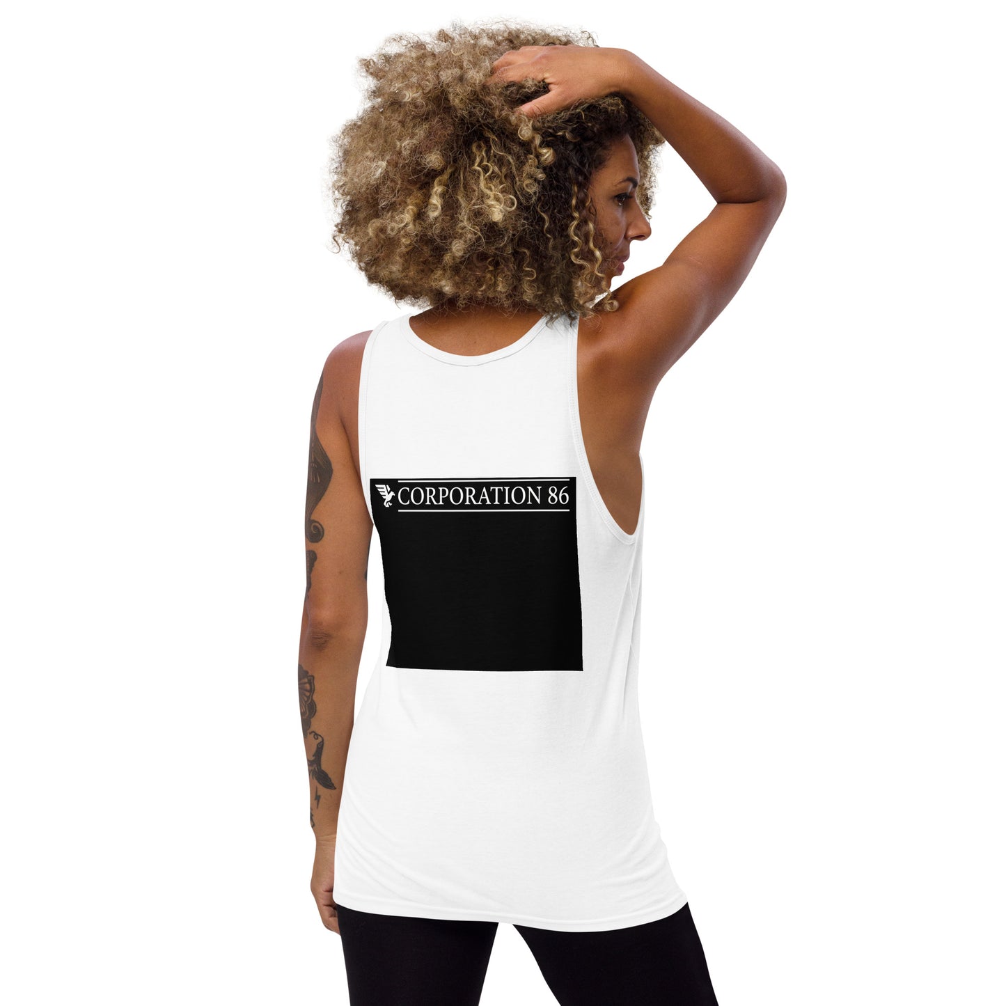 Canotta unisex CORPORATION-86 bianca vista da dietro, tessuto morbido e design semplice, ideale per uno stile casual e comodo.