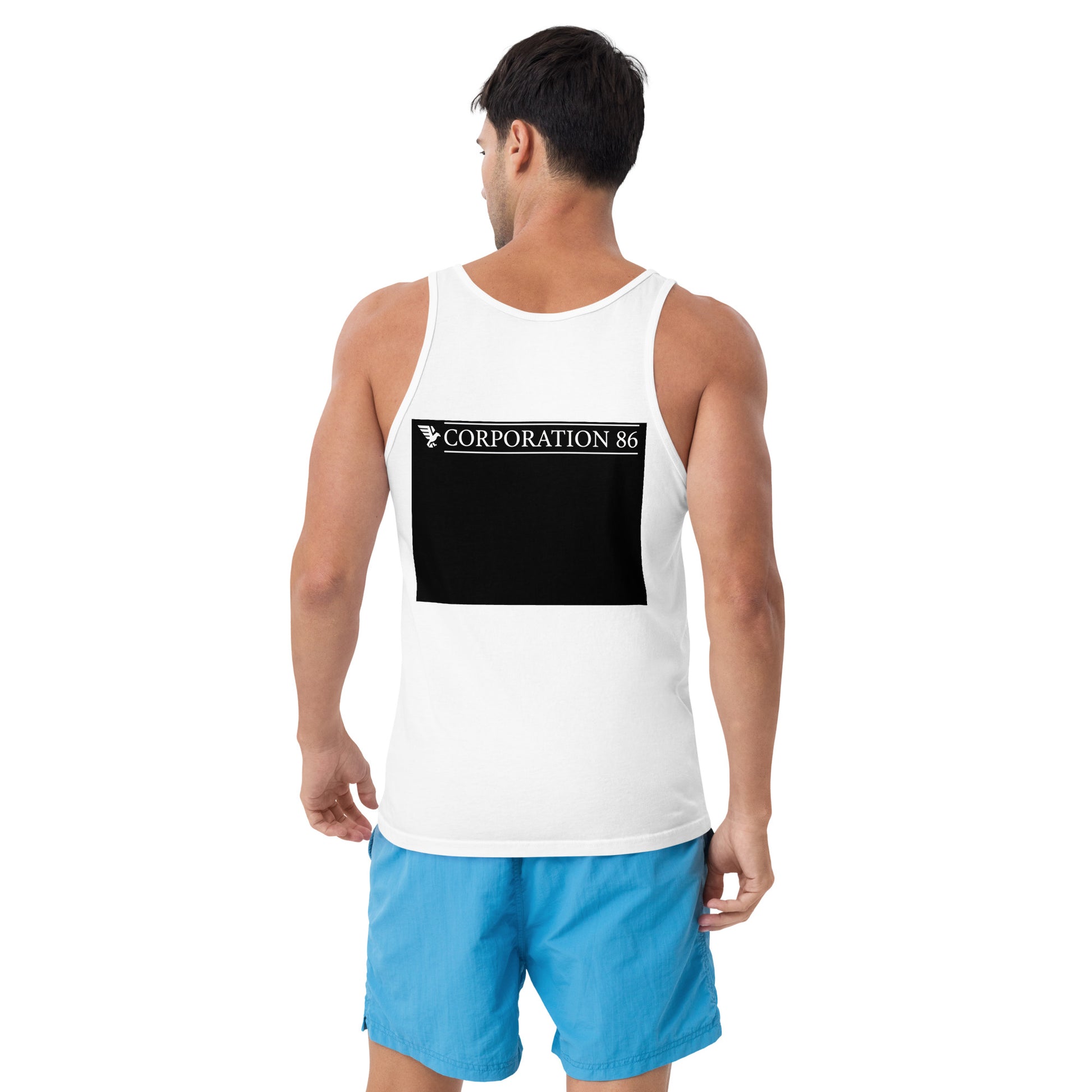 Canotta unisex bianca CORPORATION-86, vista posteriore, tessuto morbido e comodo, stile semplice e versatile.